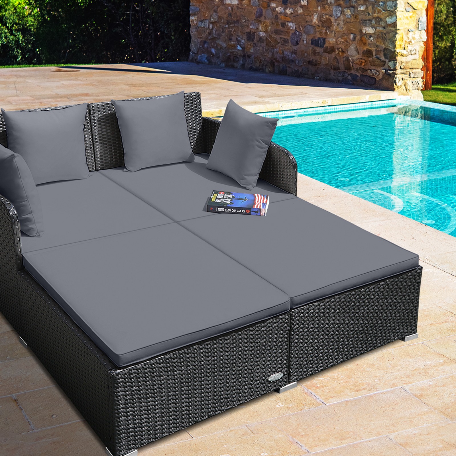 Patiojoy Outdoor Patio Rattan Daybed Pillows Cushioned Sofa Furniture