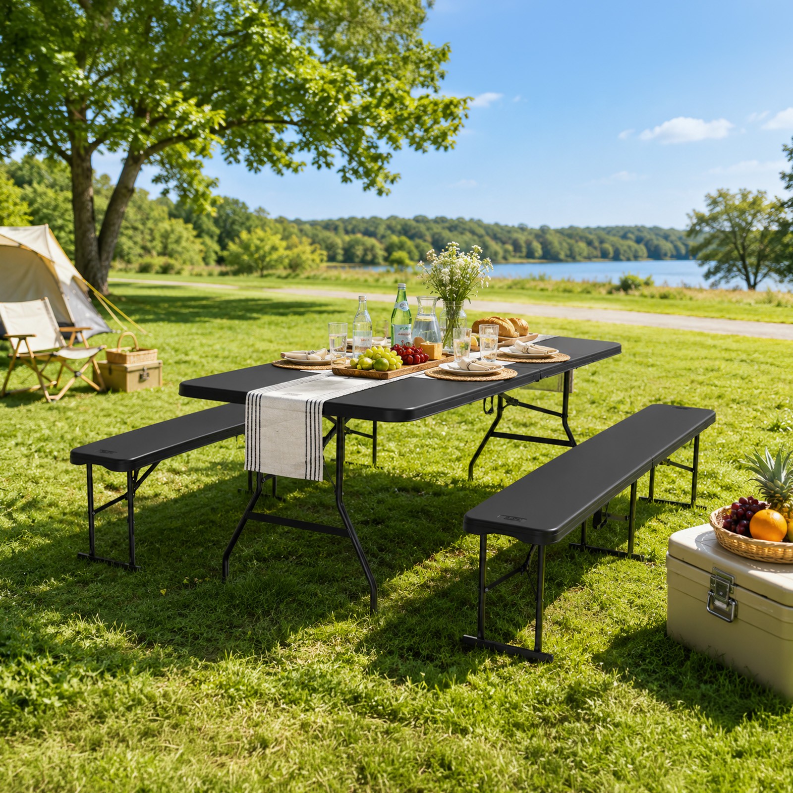3PCS 6FT Folding Picnic Table with Benches, Table, Handle for Outdoor Camping