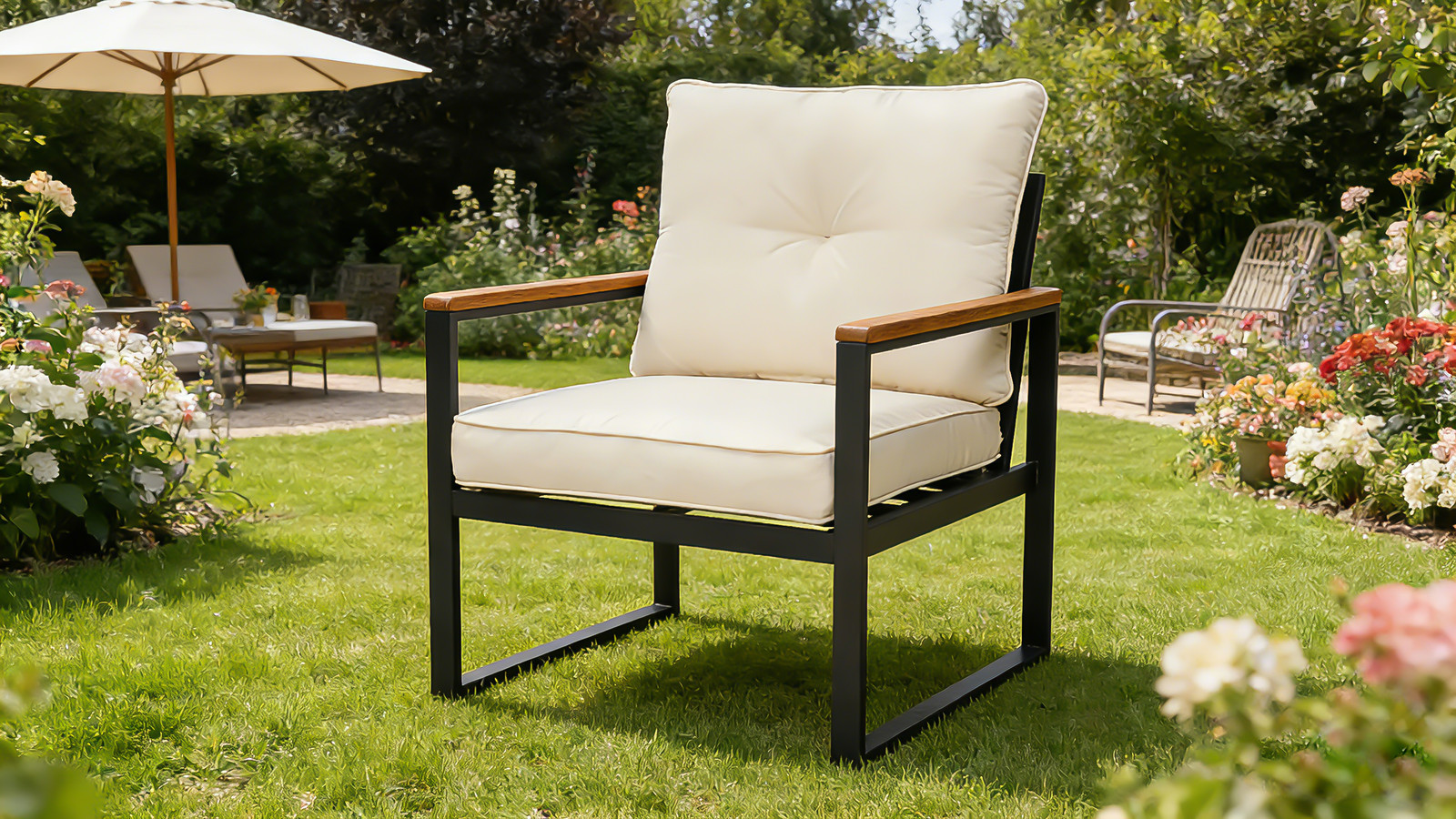 Set of 2 Steel Patio Armchairs with Cushions, All-Weather Outdoor Sofa