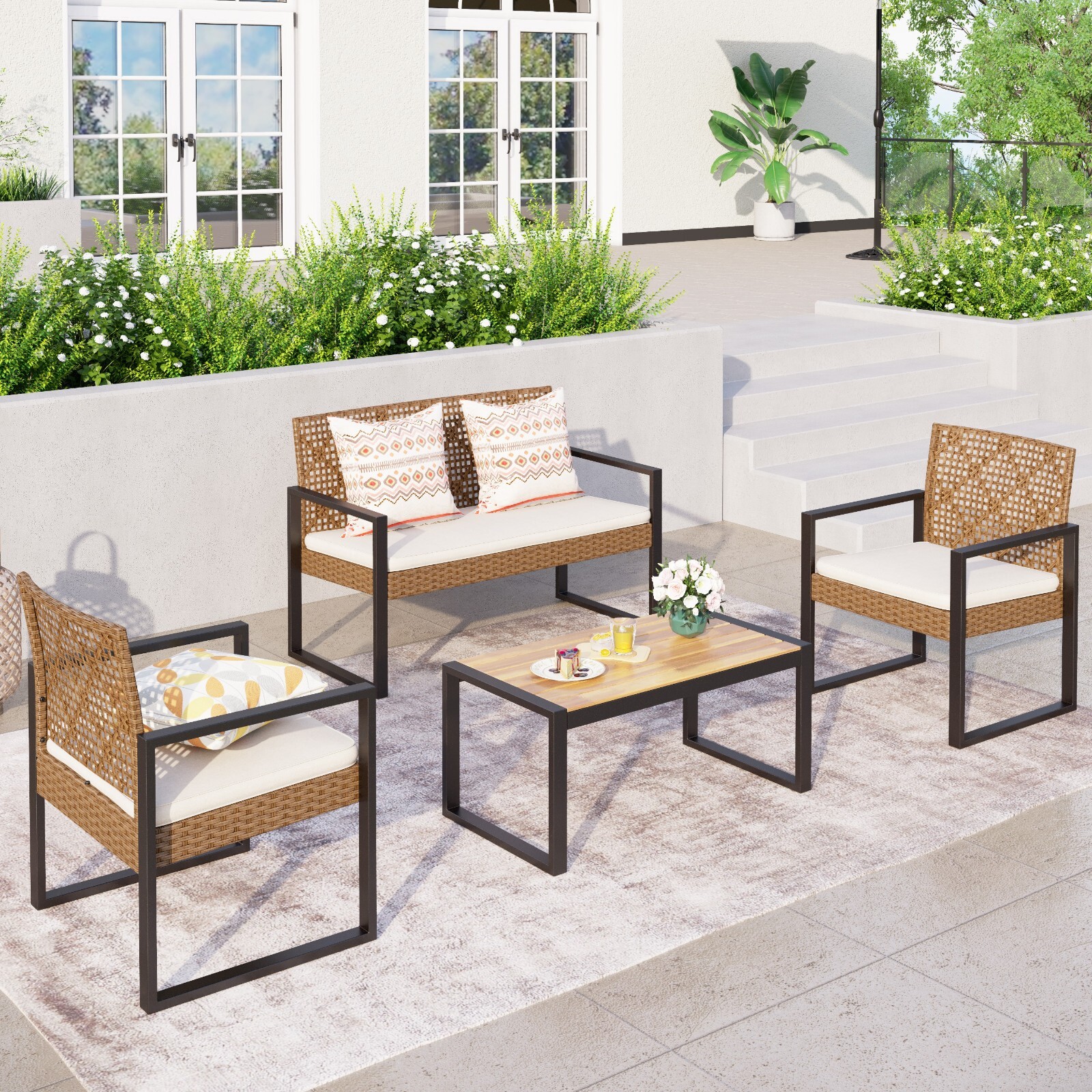PHI VILLA 4-Piece Patio Conversation Set Rattan-wood Outdoor Sofa Chairs Set
