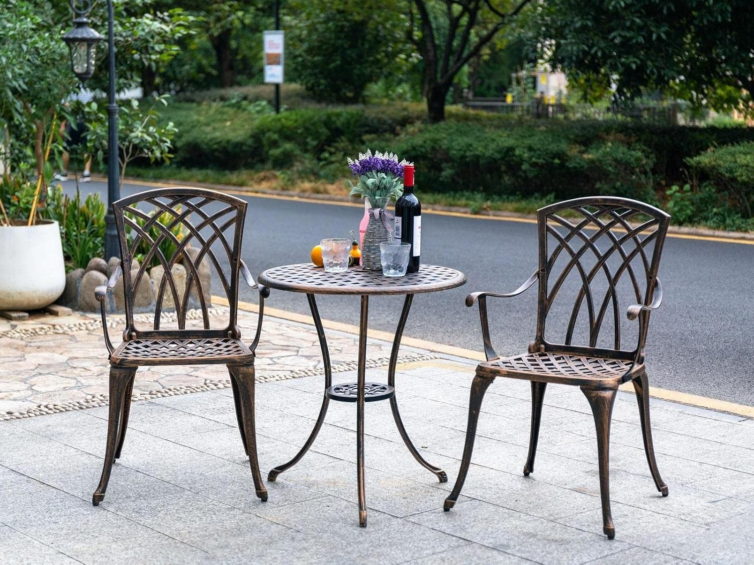 Rustproof 3-Piece Bistro Set with Umbrella Hole for Outdoor Patio, Bronze
