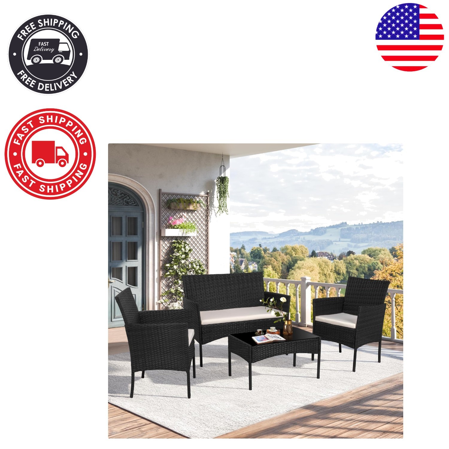 Elegant Modern Rattan Conversation Set: 4-Piece Patio Furniture in Black