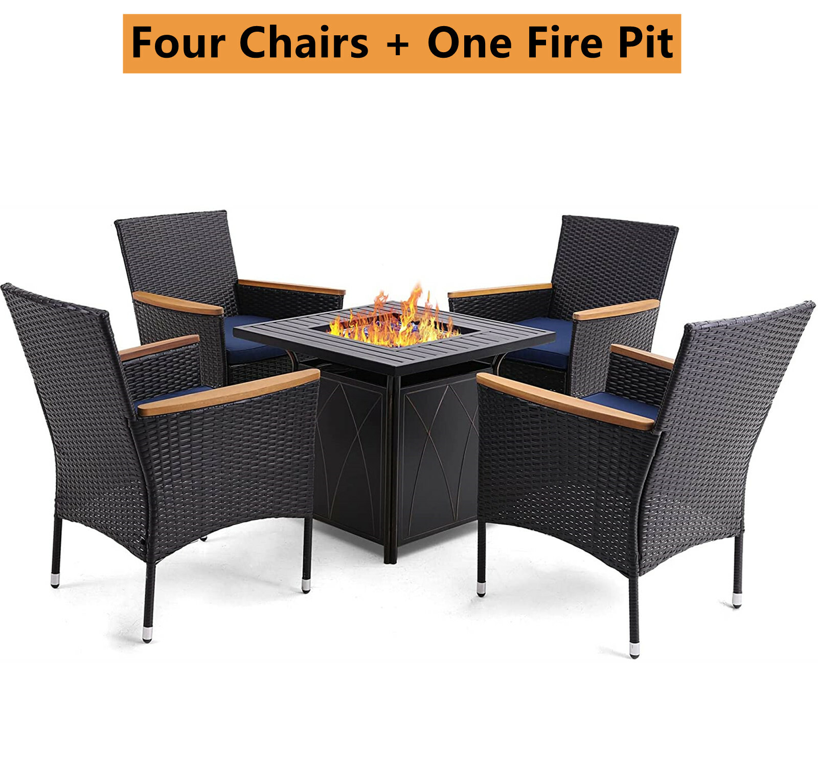 Rattan Furniture Set with Gas Fire Pit Table 5000 BTU Dining Chairs with Cushion