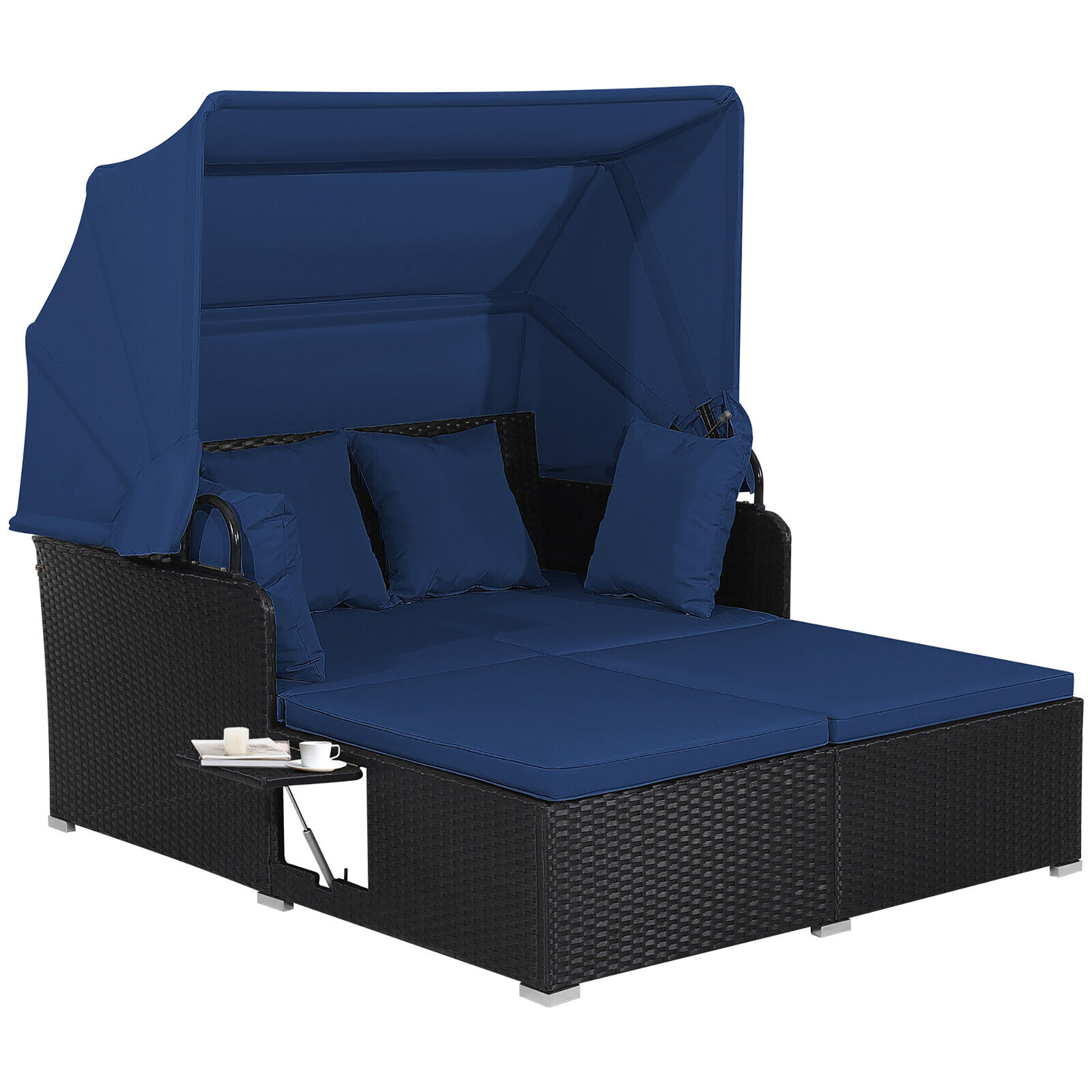 Patio Hand-Woven PE Wicker Daybed Outdoor Loveseat Sofa Set w/ Navy Cushions