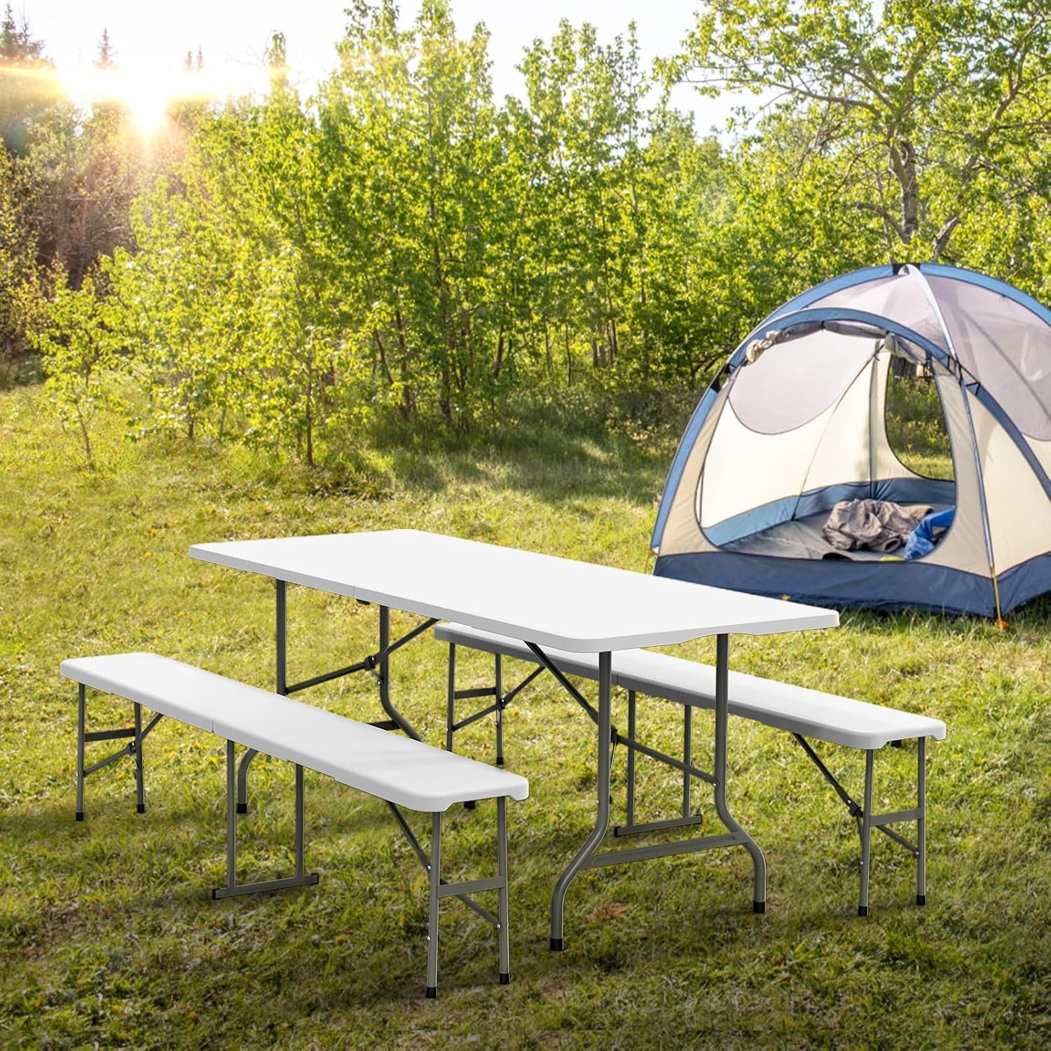 Picnic Table Set W/ 2 Benches 6 Feet Camping Table Chair Set,3-Piece Folding