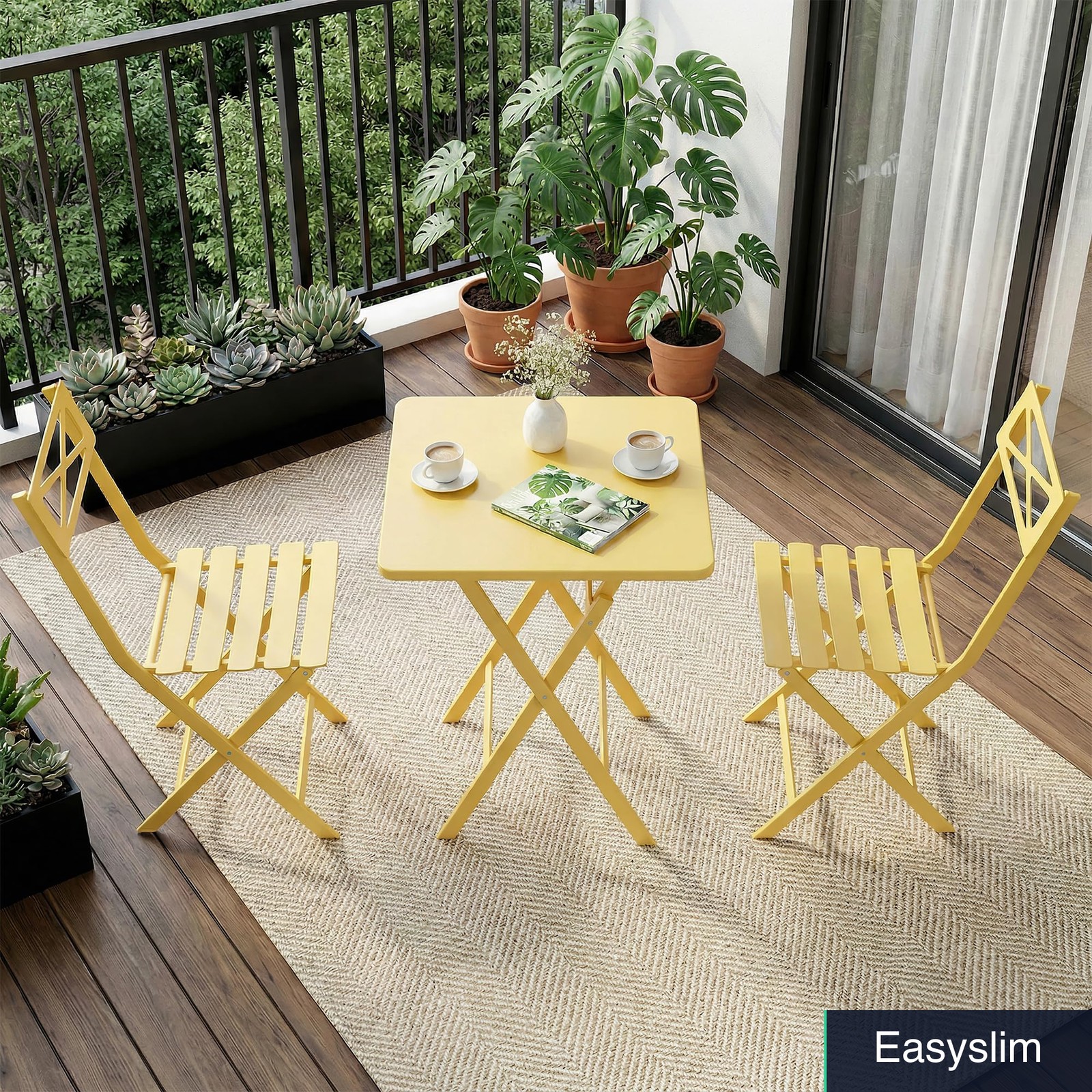 Bistro Set 3-Piece Round Table Yellow Iron Foldable Weather Resistant