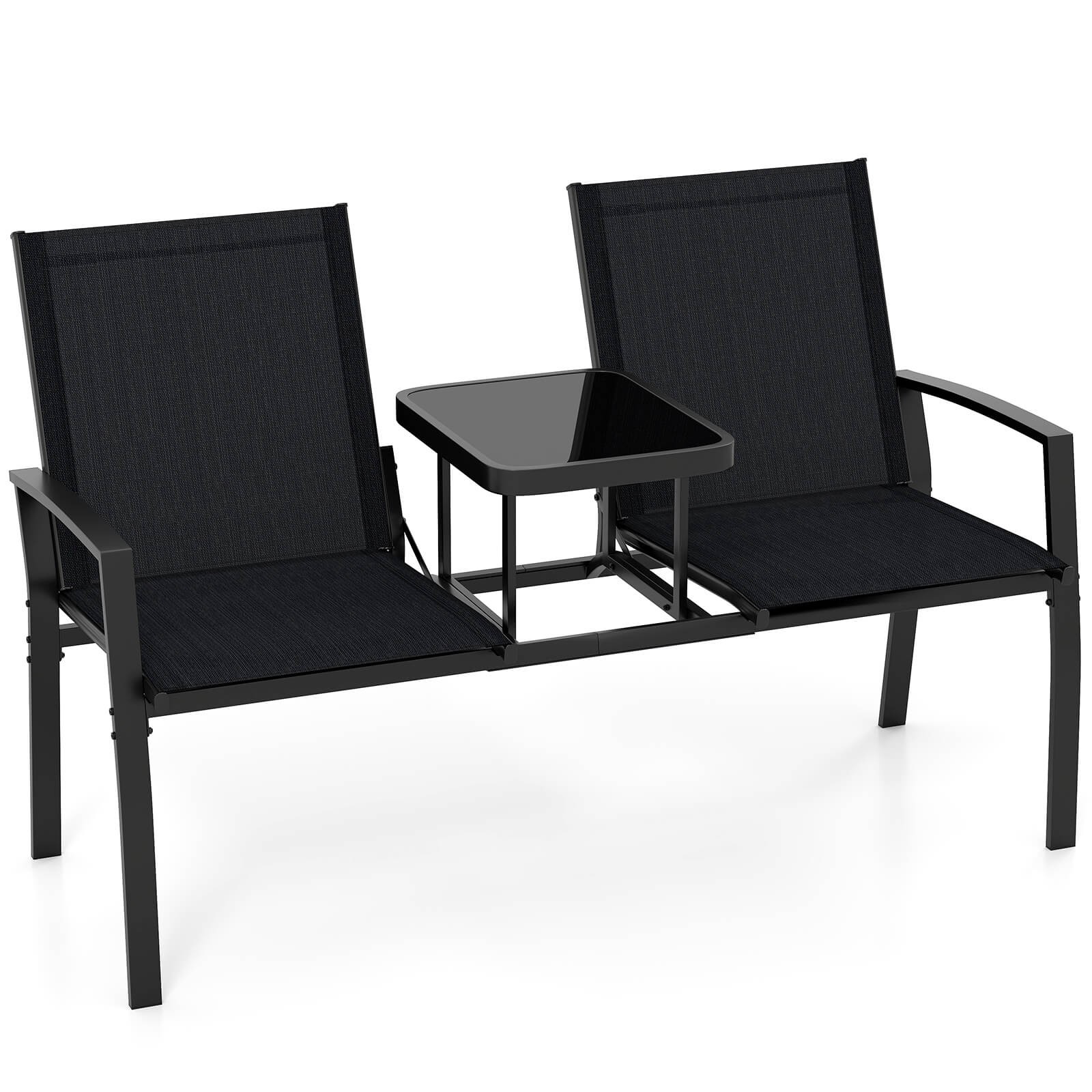 Patio Loveseat w/Built-in Table, Breathable Fabric Back and Seat, Metal Frame