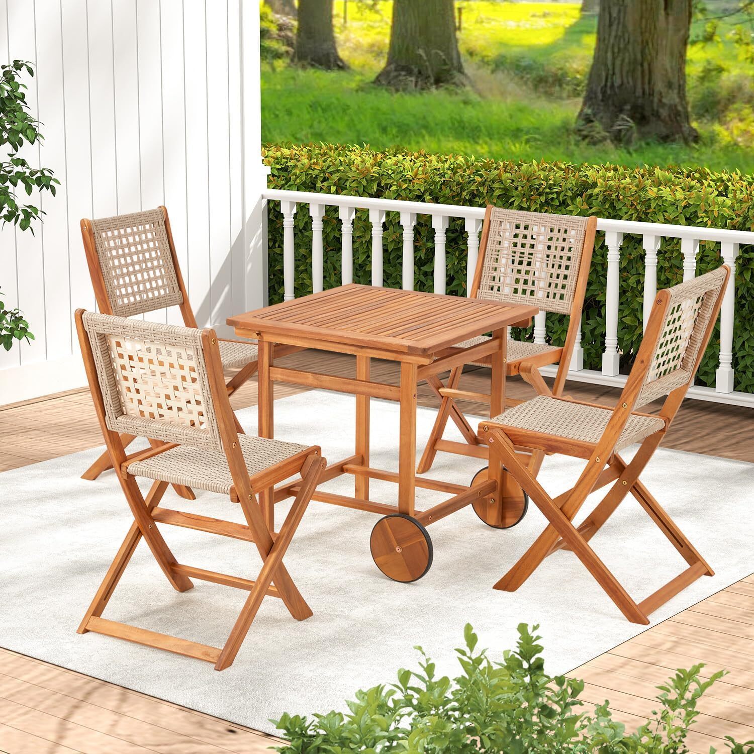 Outdoor Patio Dining Set, Acacia Wood Outdoor Table and Chairs with Wheels