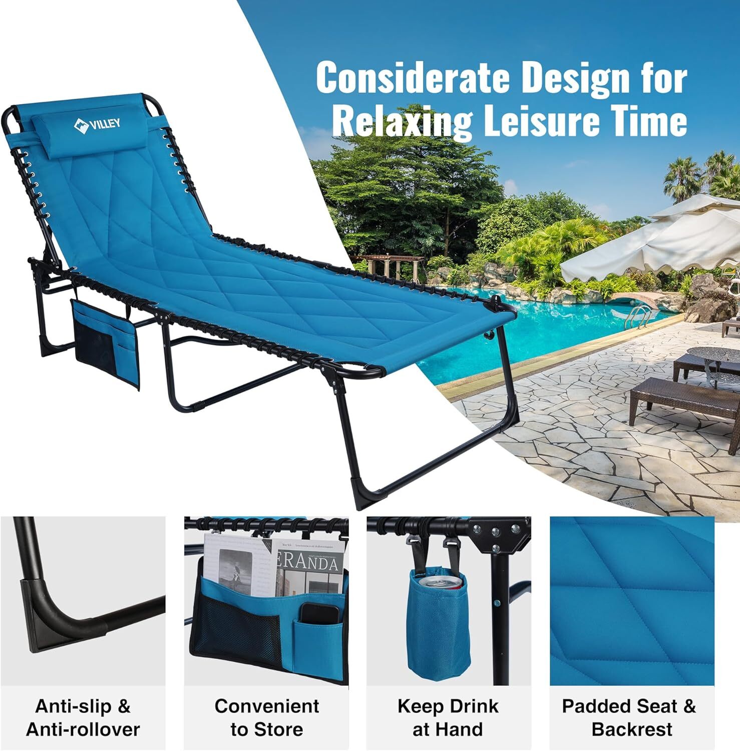 VILLEY Oversized Padded Chaise Lounge with Cushion, Foldable Onesize, Blue