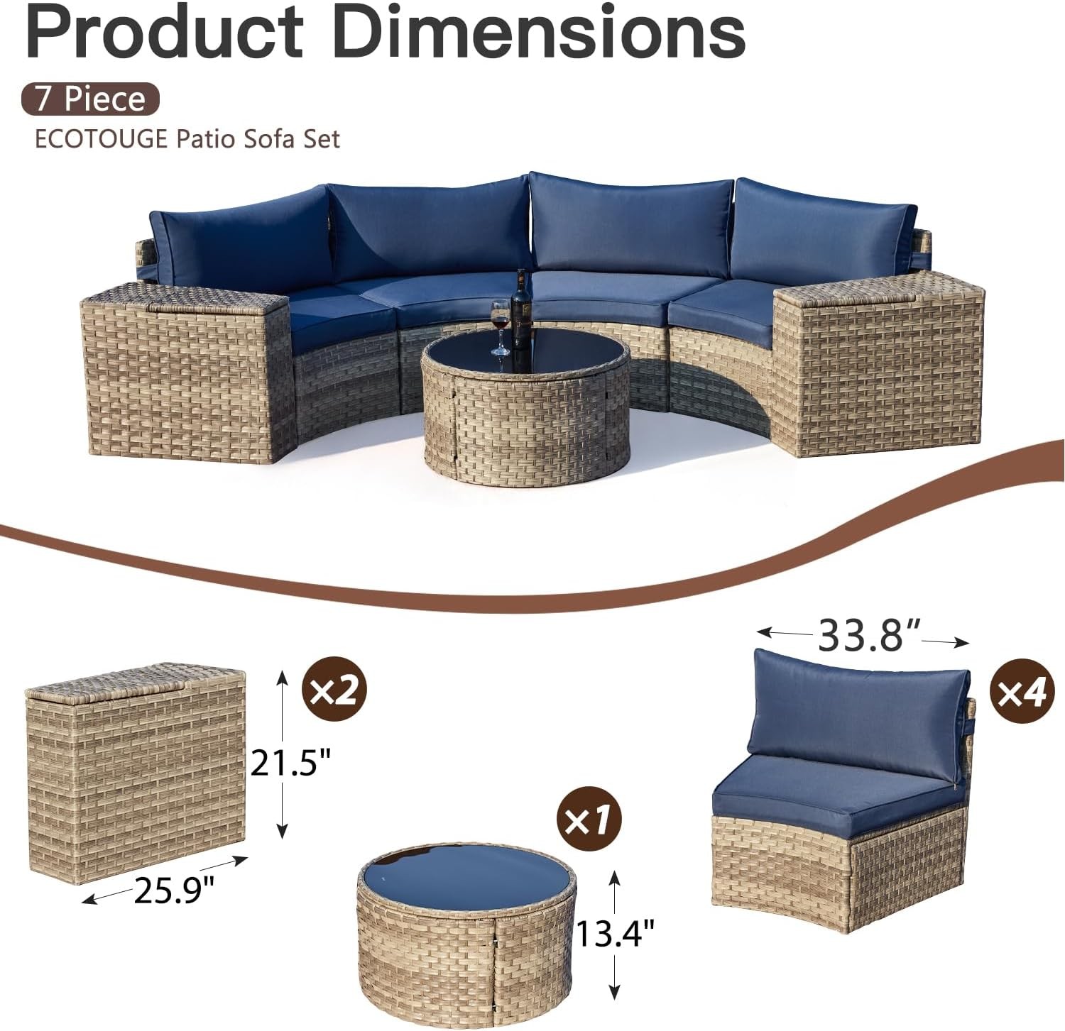 Set of 7 Half-Moon Patio Furniture All-Weather Wicker Curved Sofa Storage Table