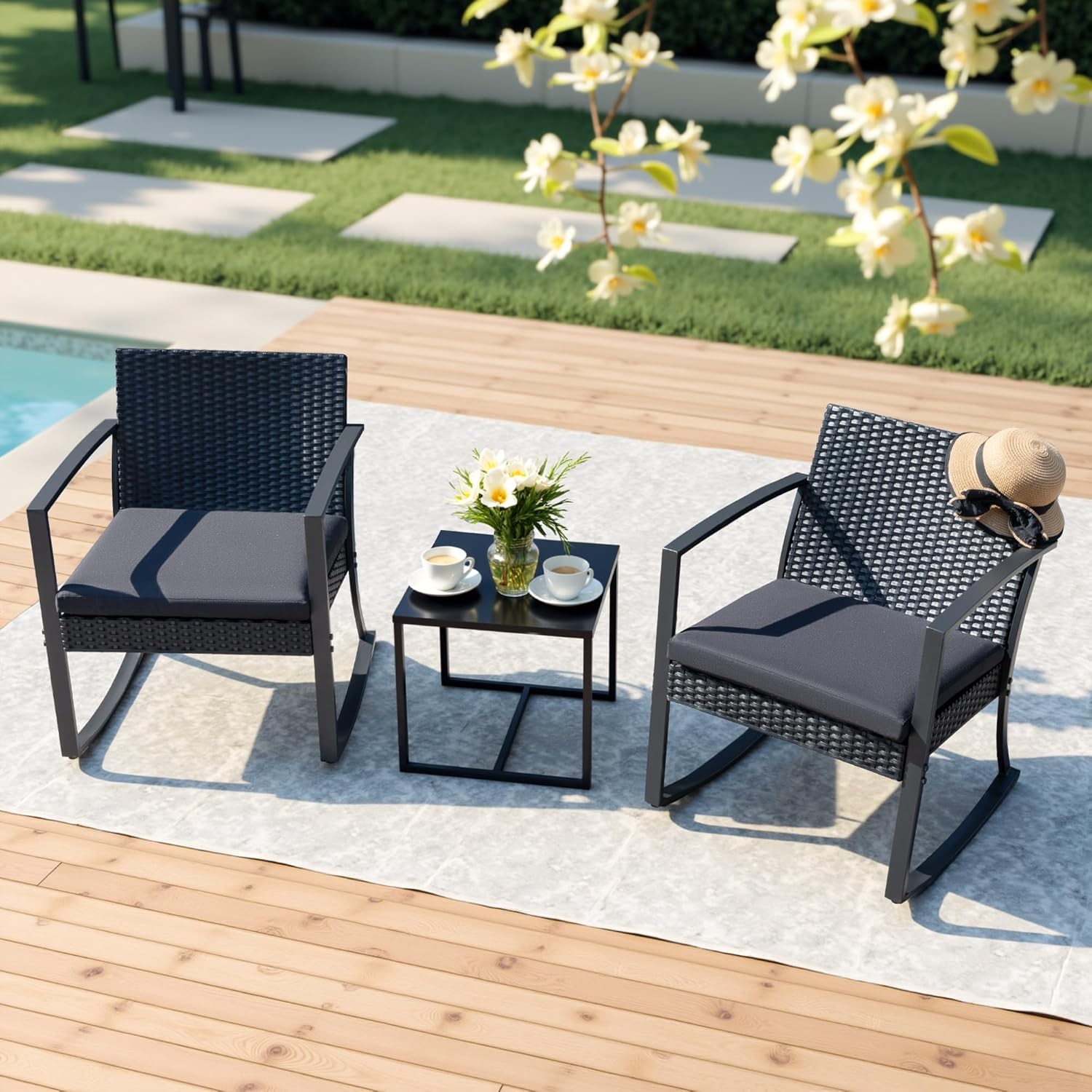 Resin Patio Furniture Set 3 Piece All Weather Outdoor Rocking Chairs W/ Cushions