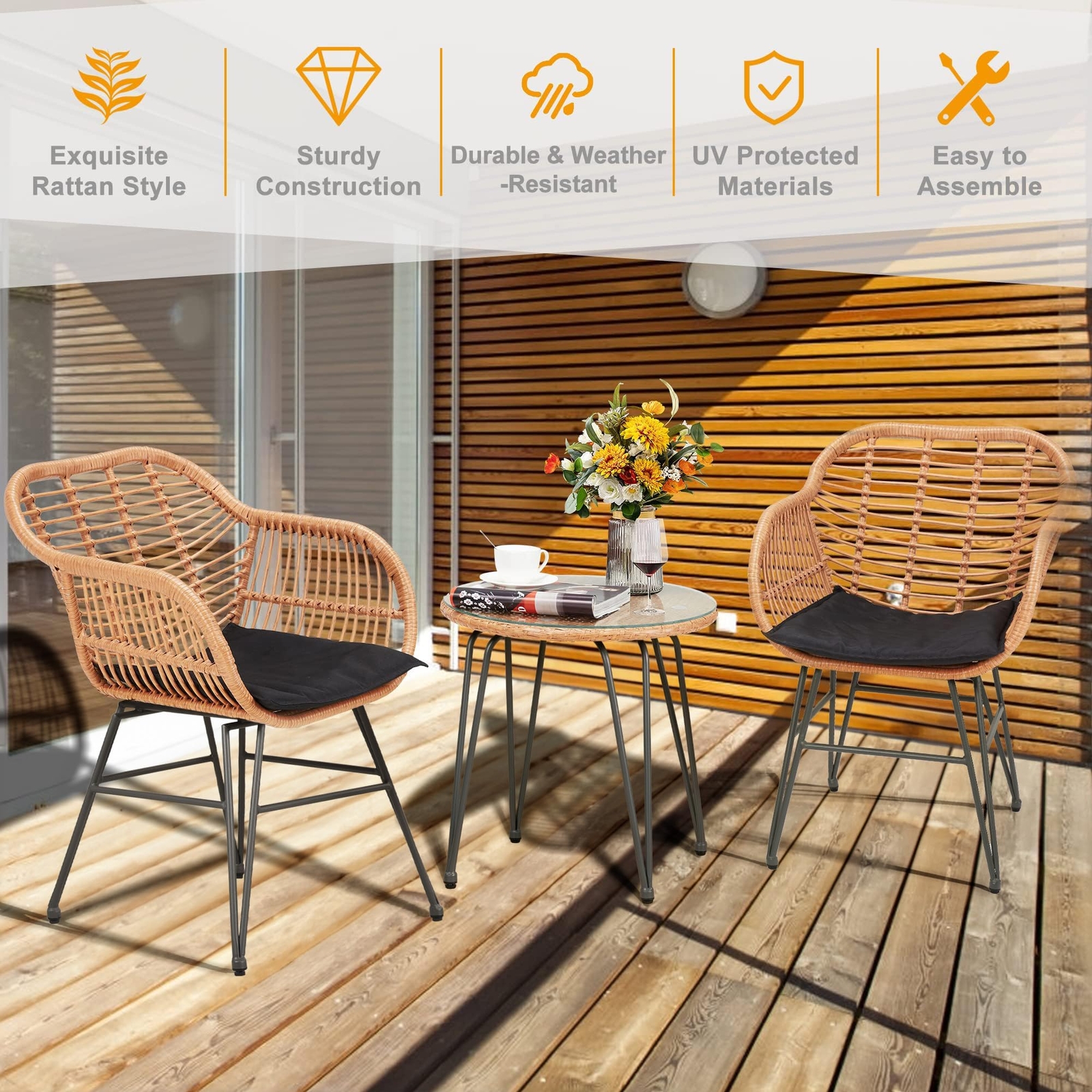 Outdoor Rattan Patio Set with modern Chairs, Cushions, and Glass Coffee Table