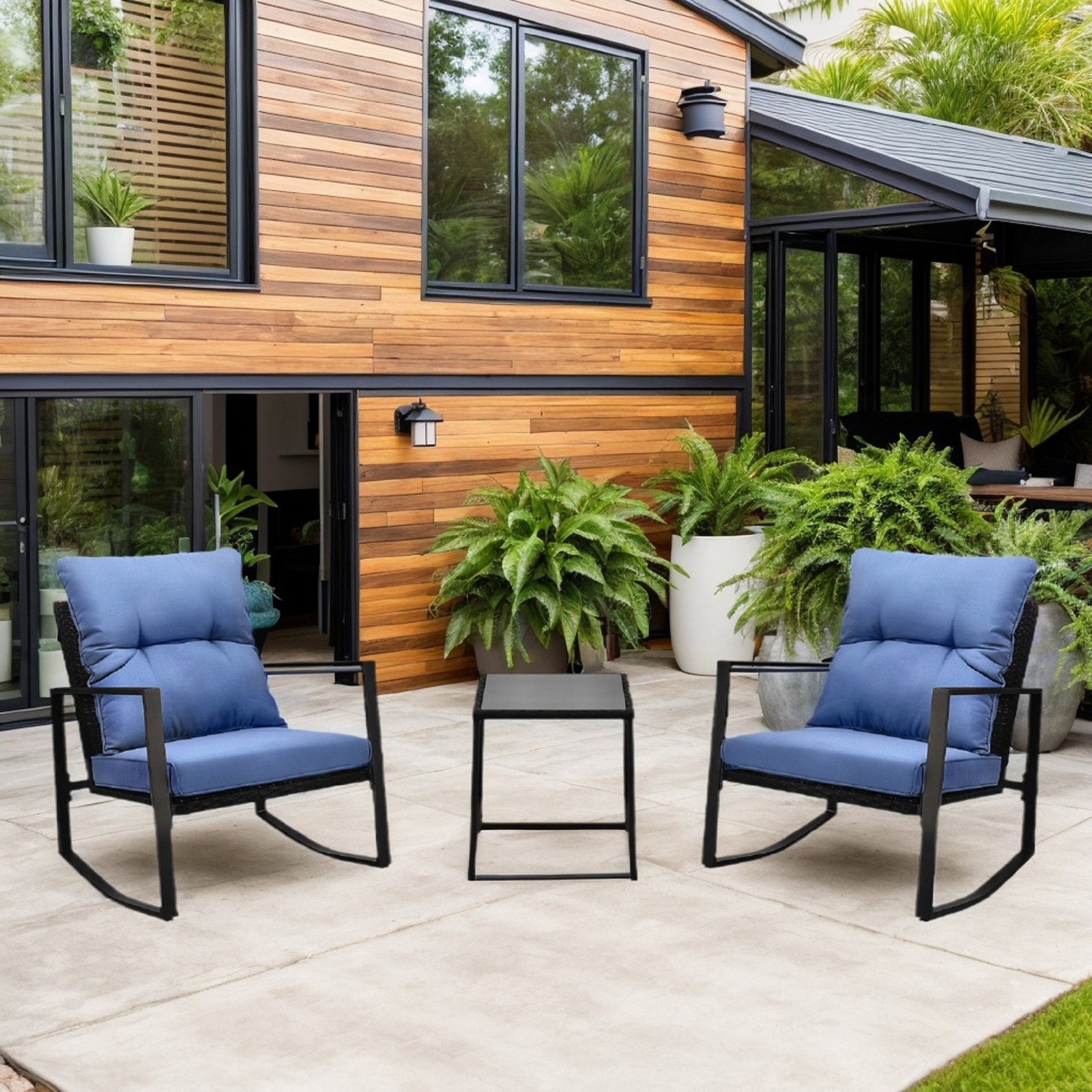 3-Piece Patio Bistro Set Rocking Chairs Blue Cushion Outdoor Garden Poolside Set