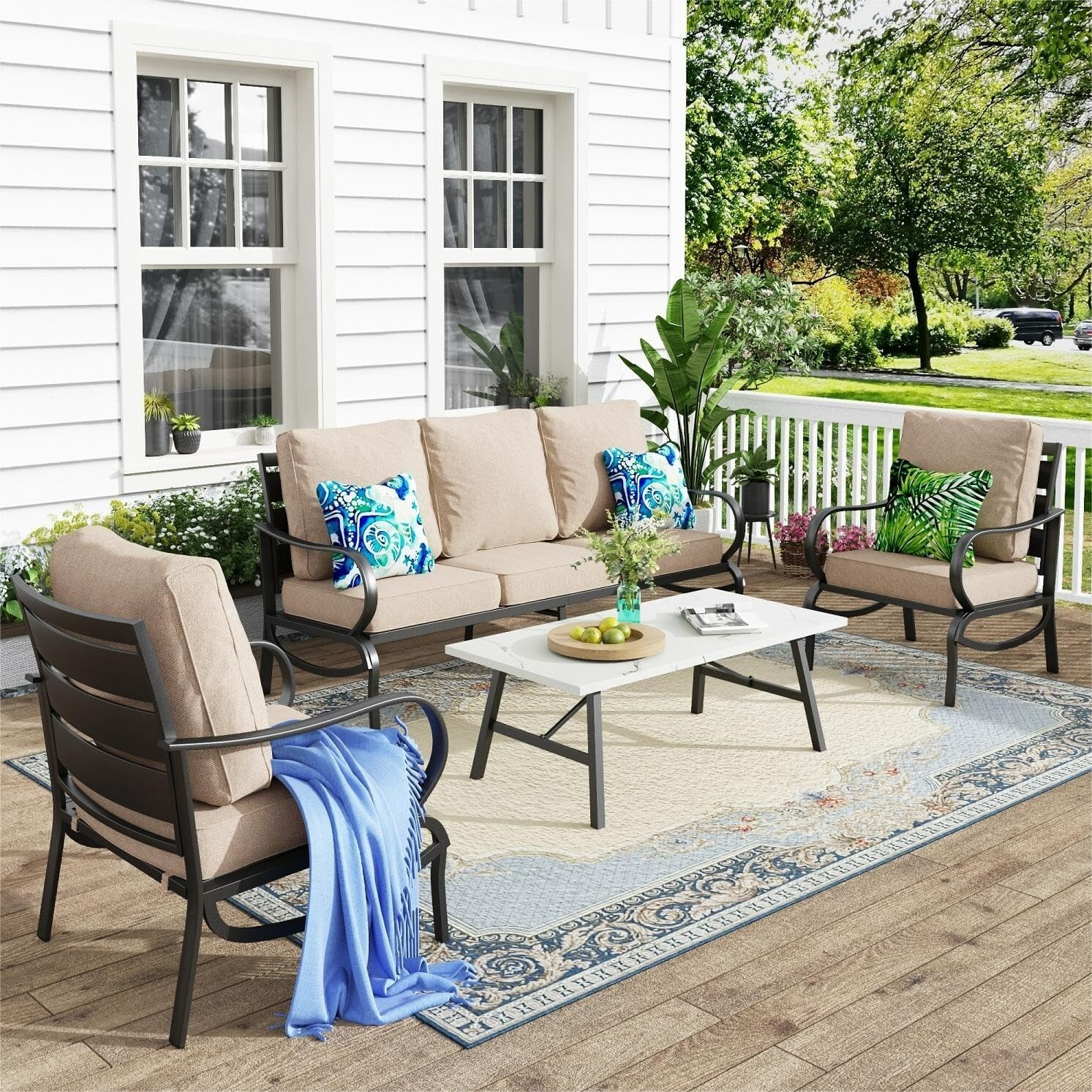4 Pieces Outdoor Patio Furniture Sets Metal Chair Patio Sofa Set Conversation