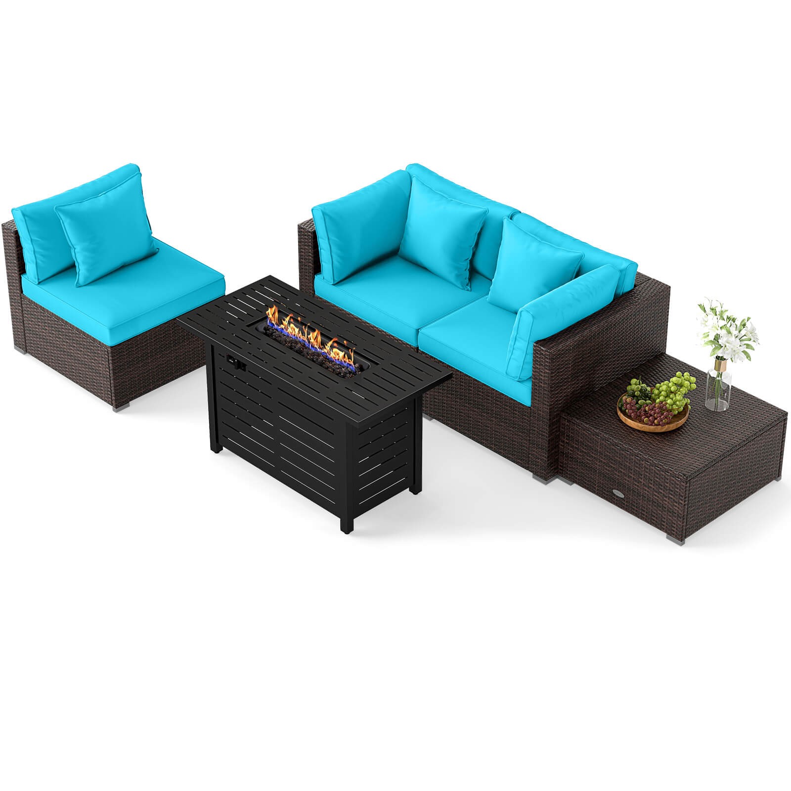 5 PCS Patio Furniture Set Heavy-duty Frame Rattan Sofa Set w/ 60,000 BTU