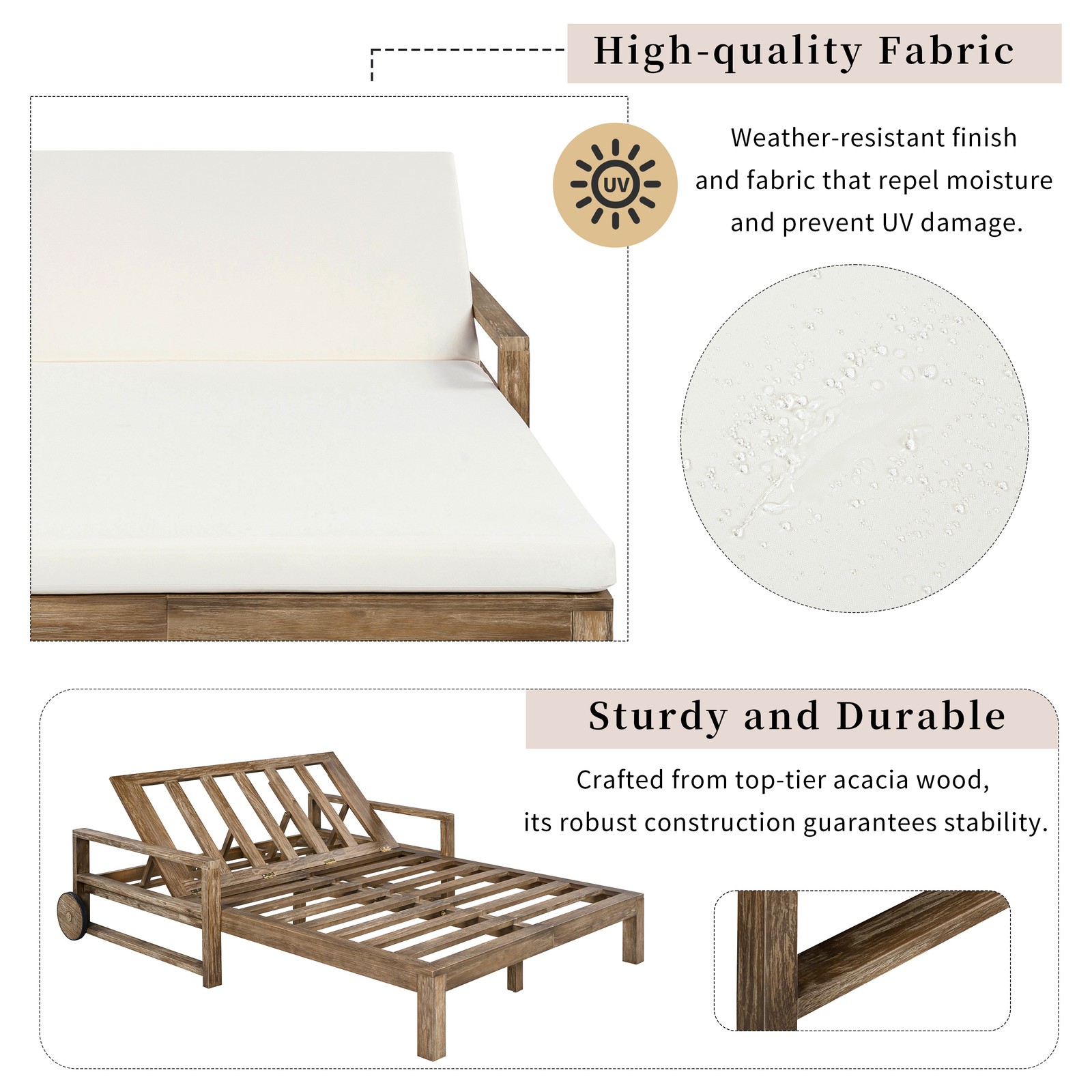 Farmhouse-Style Wooden Outdoor Sunbed Daybed Seats 2 People, Beige