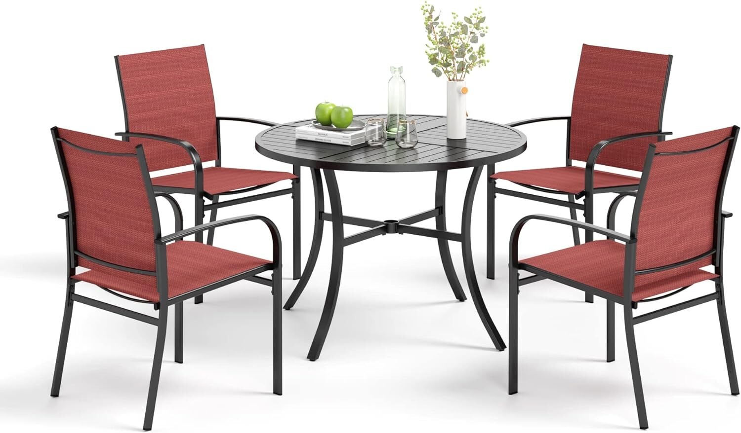 5 Piece Outdoor Dining Set Patio Table Chairs Set Round Table w/ Umbrella Hole