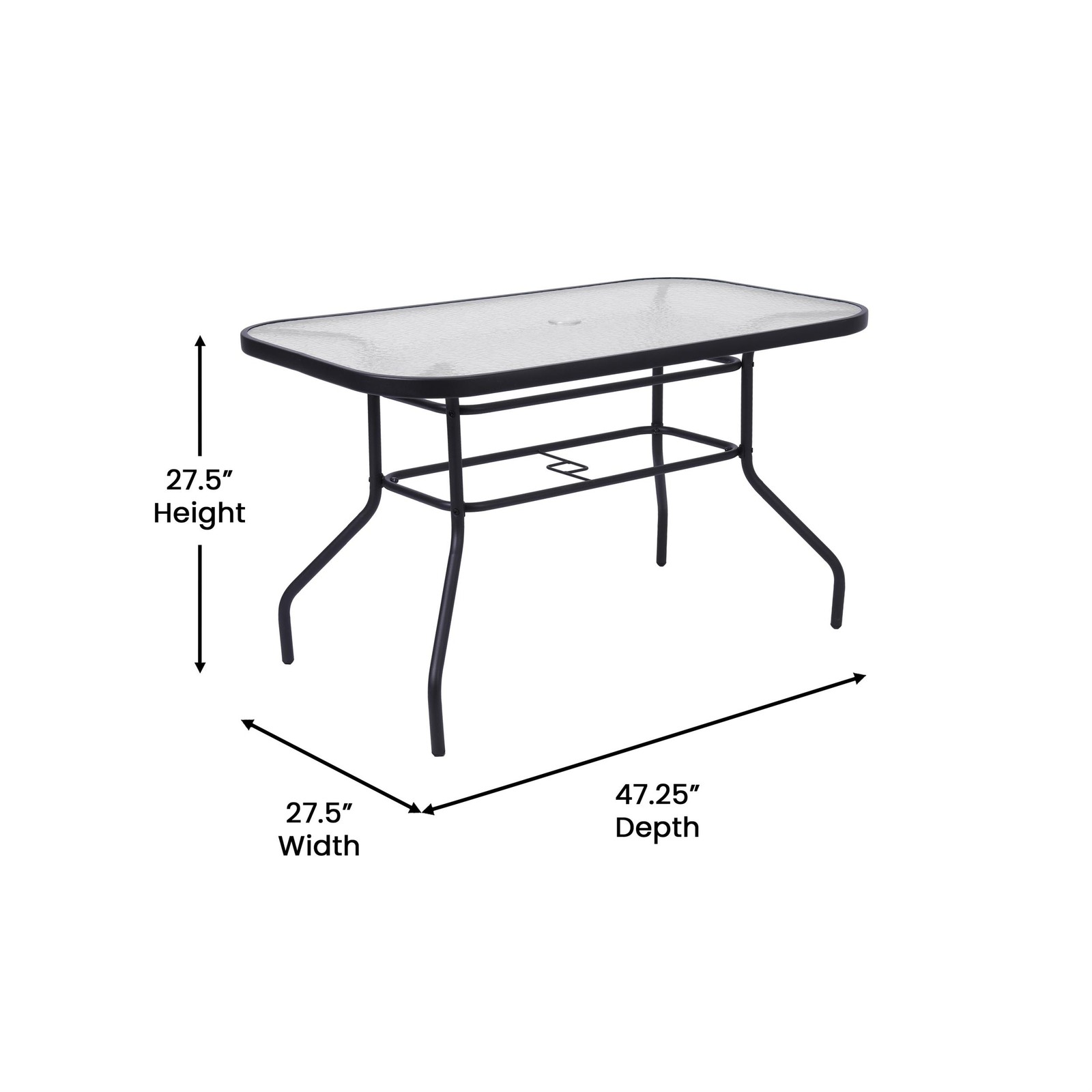 Commercial 47.25×27.5 Tempered Glass and Steel Patio Table – Umbrella Hole-Black