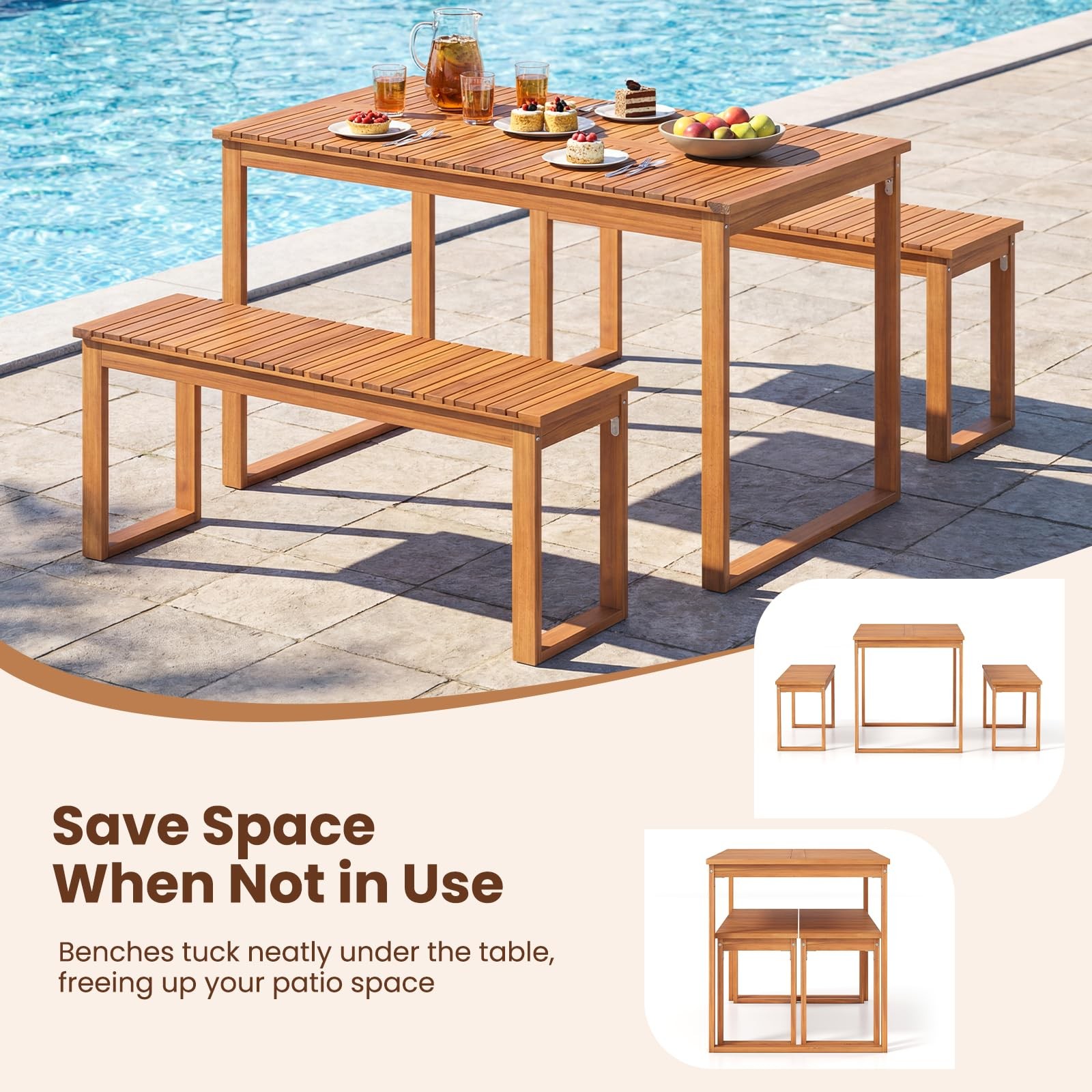 Tangkula 3 Pieces Patio Wooden Dining Set, Acacia Wood Rectangular Picnic Bee…
