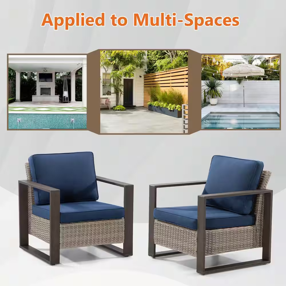 2-Piece Patio Wicker Outdoor Lounge Chair with Metal Frame and Dark Blue Cushion