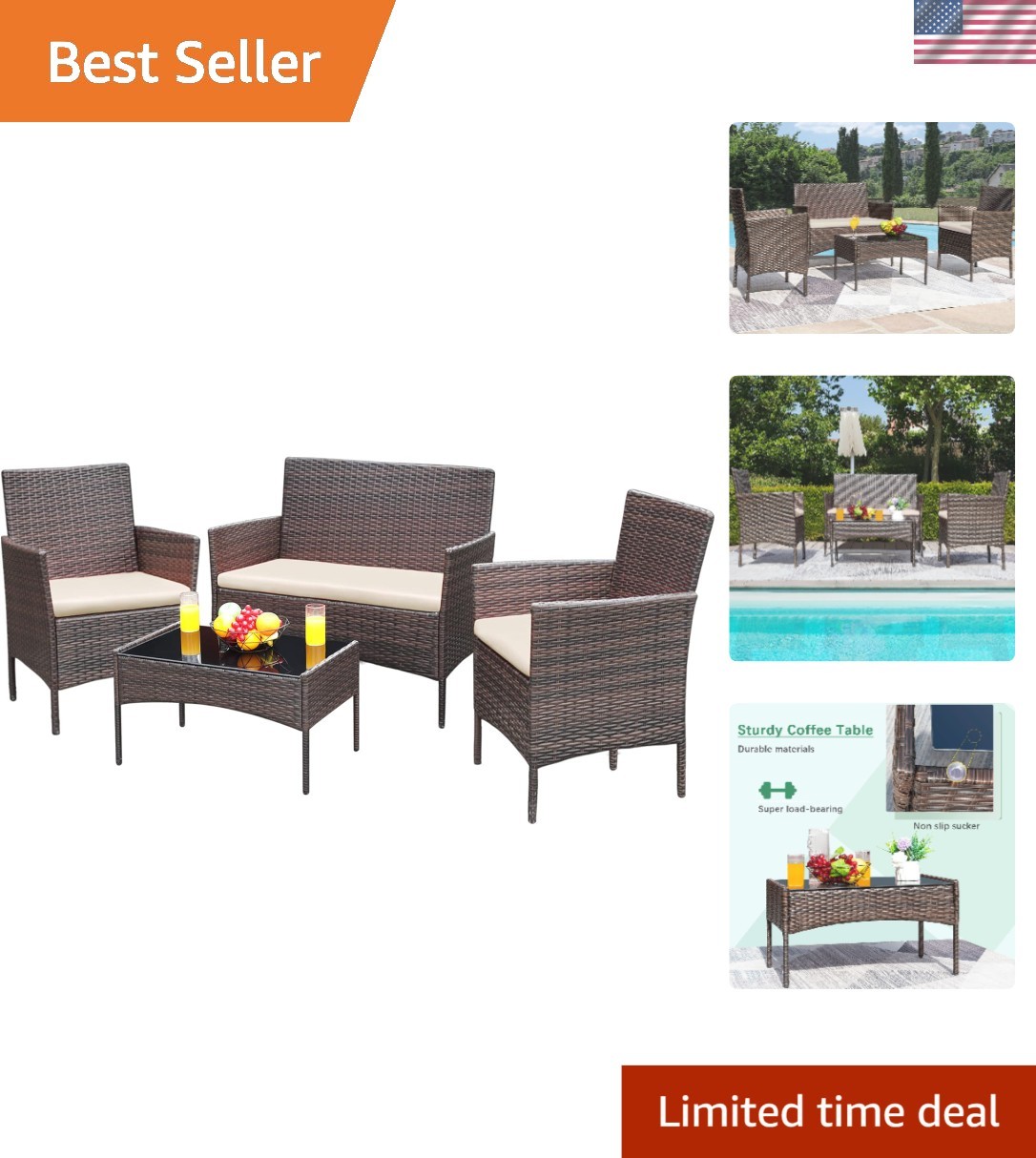 Modern 4-Piece Garden Conversation Set: Loveseat, Chairs & Glass Coffee Table
