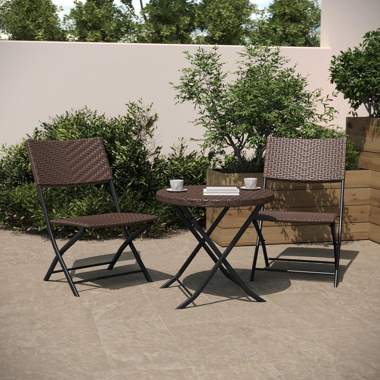 Rouen Commercial Grade Folding Bistro Set, Indoor/Outdoor PE Rattan Table Top, B