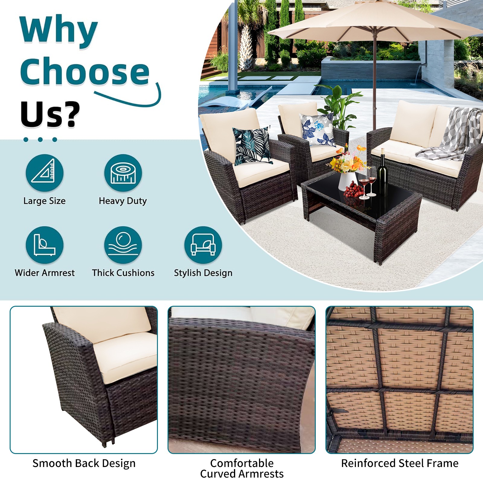 Patio Furniture Set Outdoor Sectional Patio Sofa Set of 4PCS W/Coffee Table