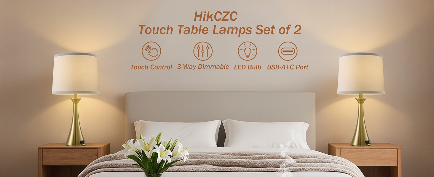 Touch Lp for Living Room Bedroom, 21″ Table Lps Set of 2 with USB C+A