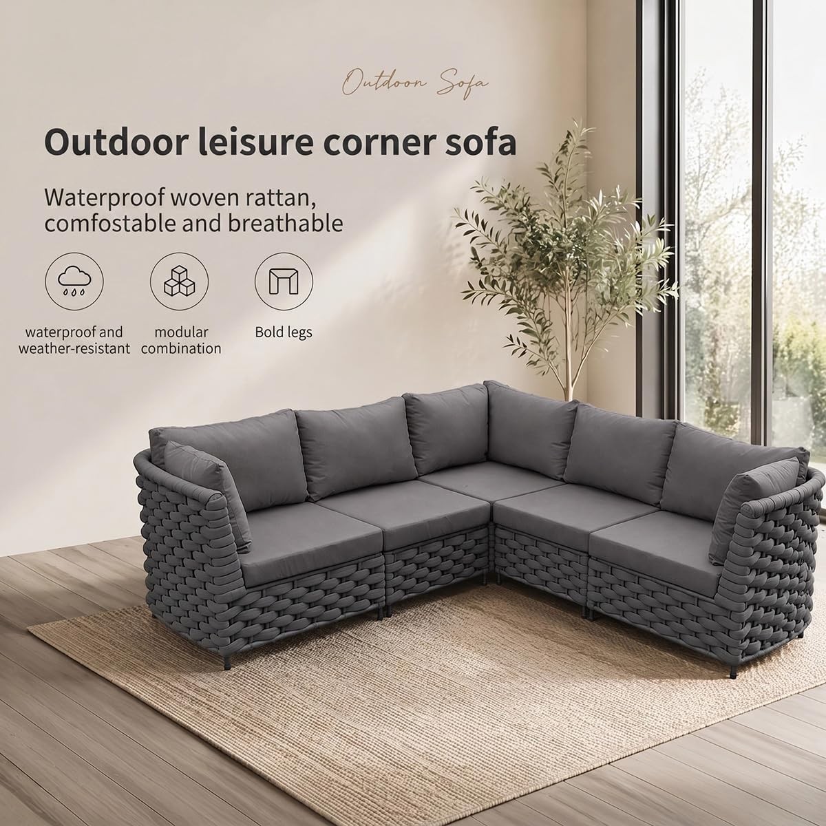 TWT 5-Piece Modular Outdoor Sectional Sofa 5-Seater Woven Rope Patio Couch