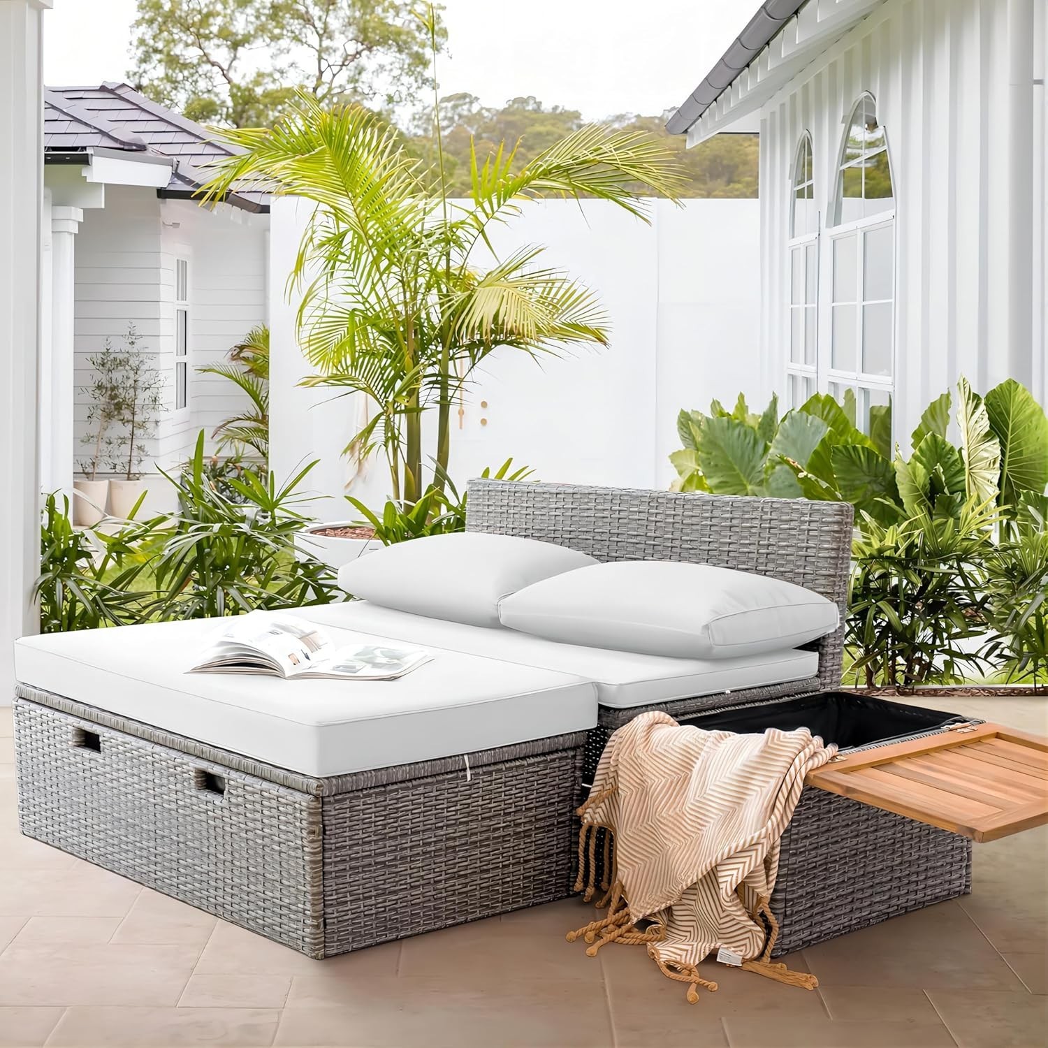 Outdoor Daybed Set Multifunctional Wicker Lounge Bed Furniture W/ Two Side