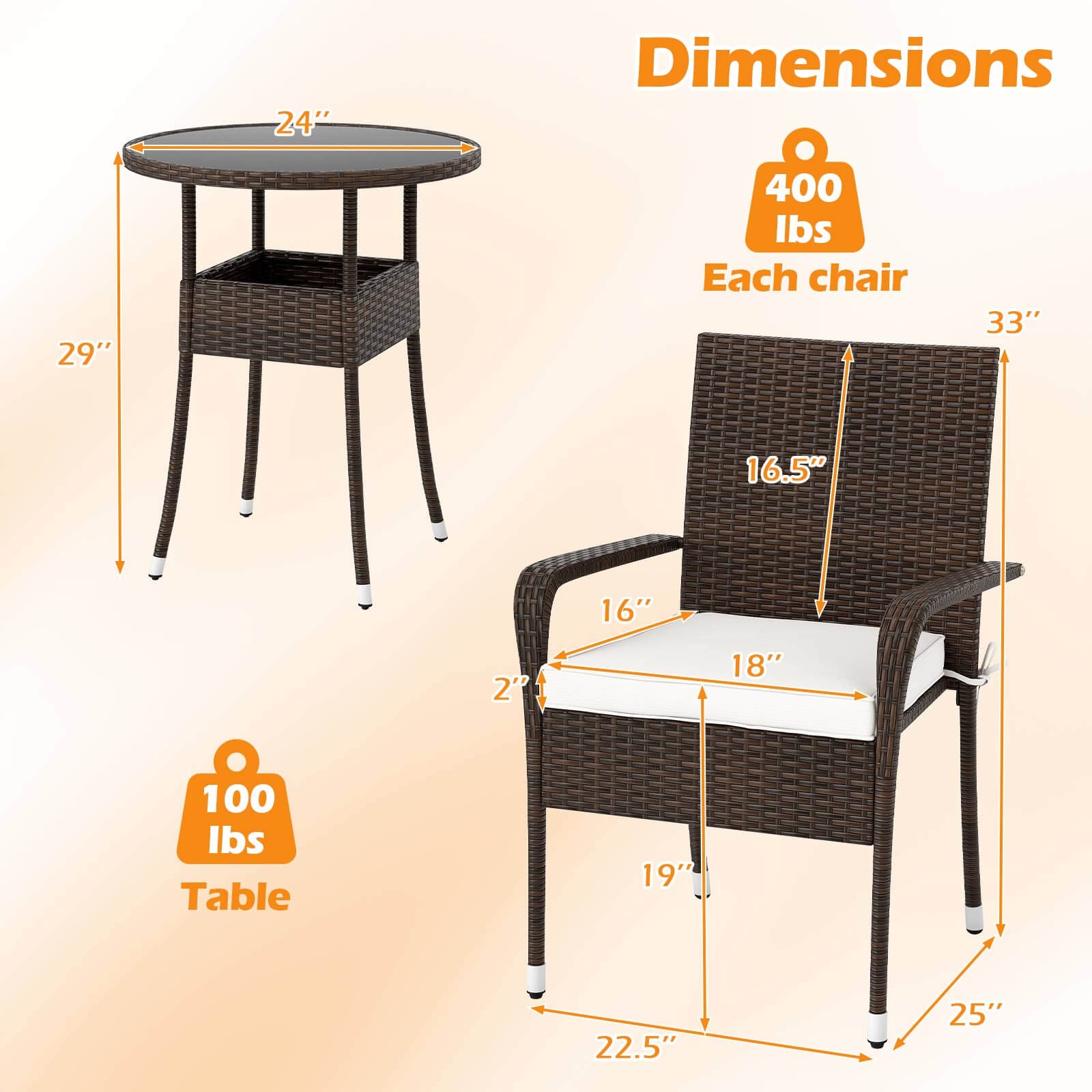 3-Piece Patio Furniture Set with Tempered Glass Top Table and Soft Cushions