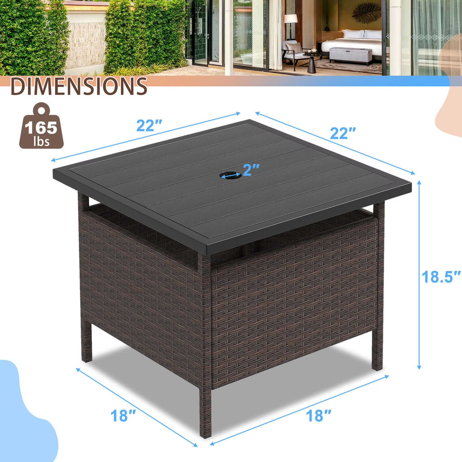 22” Patio Rattan Square Side End Table Garden Bistro Umbrella Stand Table W/…