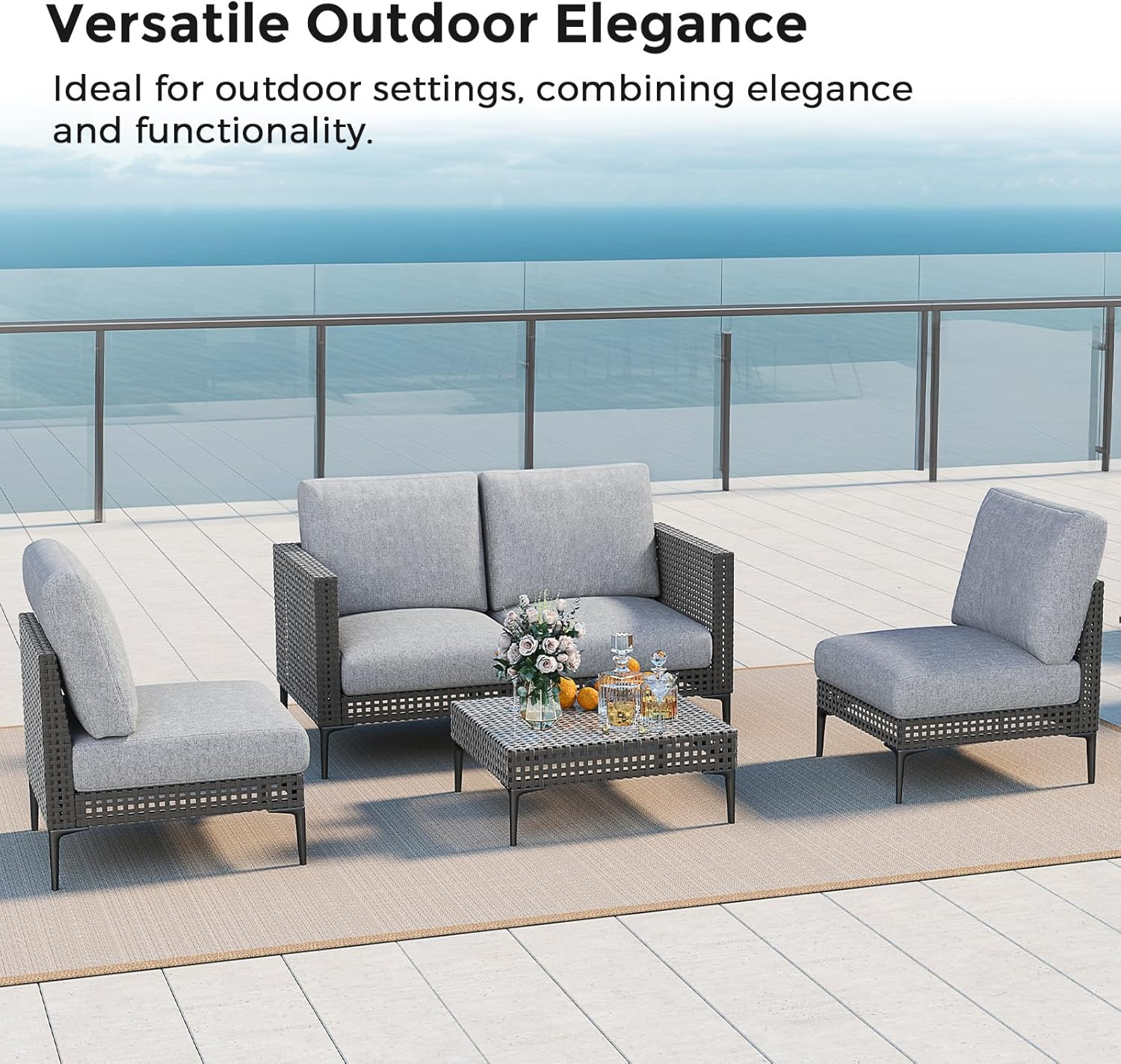 Outdoor Patio Sofa Conversation Set–Rattan 4 Seats Comfortable Couch for Garden,