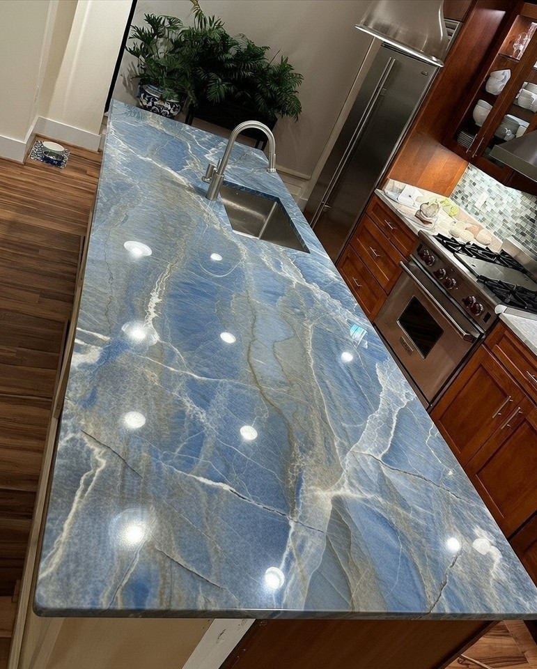 Blue Onyx Kitchen Countertop – Translucent Natural Stone Surface for Luxury Deco