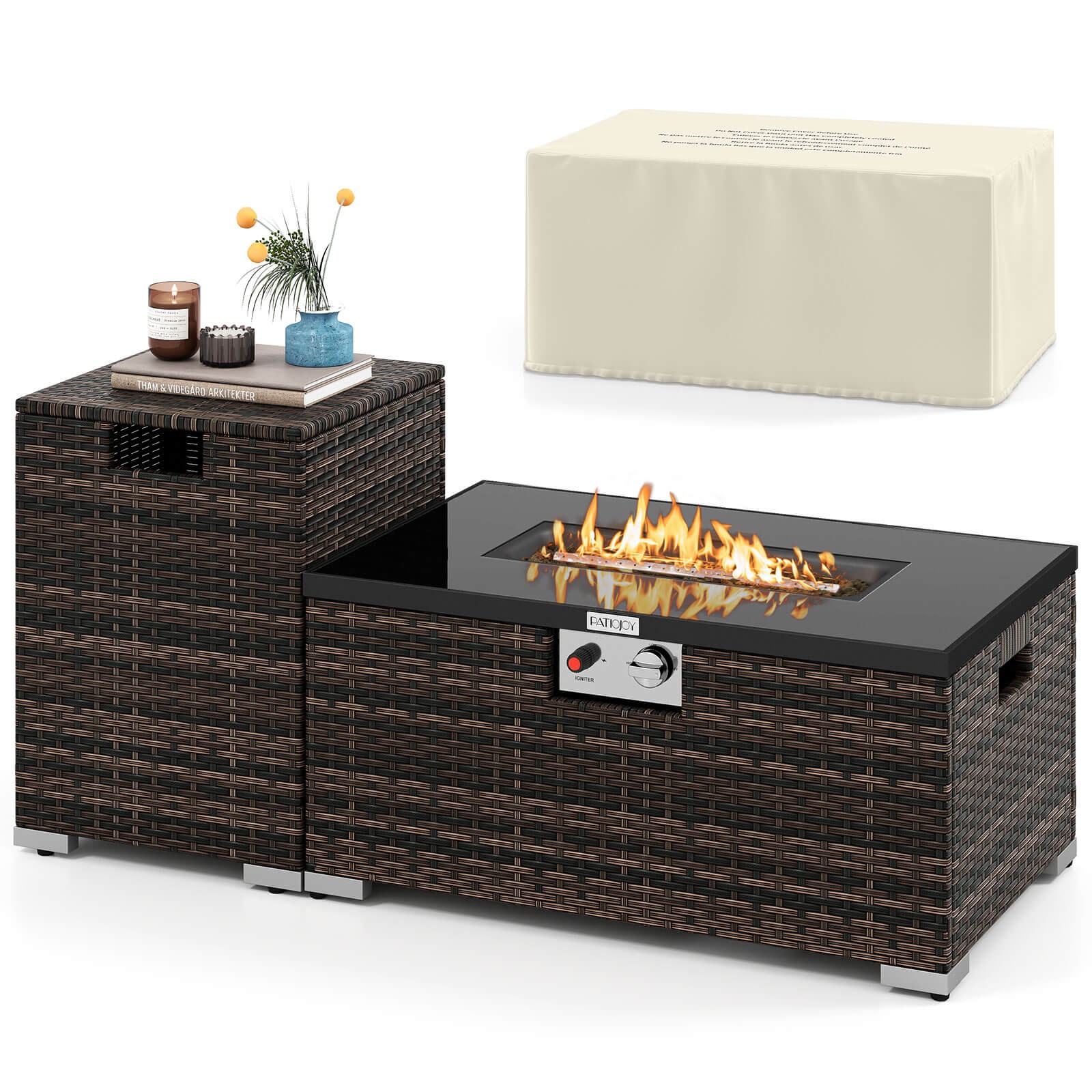 2 PCS Outdoor Rattan Fire Table Set w/ Tank Cover Tempered Glass Tabletop