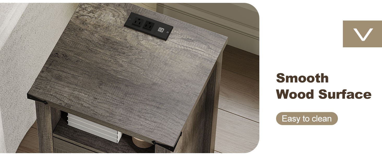 Farmhouse Nightstand with Charging Stat, Set of 2 End Table with