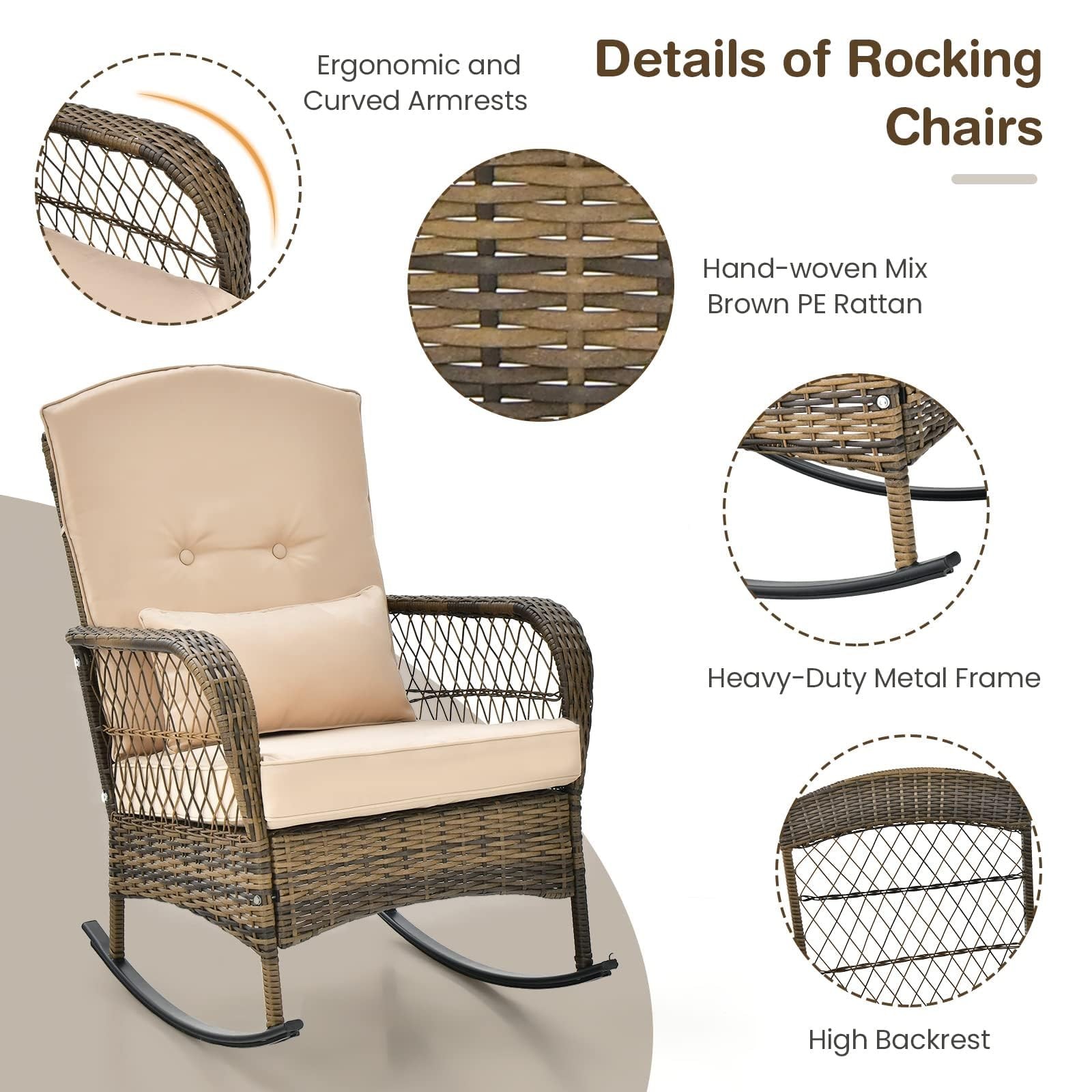 Outdoor Wicker Rocker Set 3 Piece, Patio Furniture w/ Table & High Back Cushions