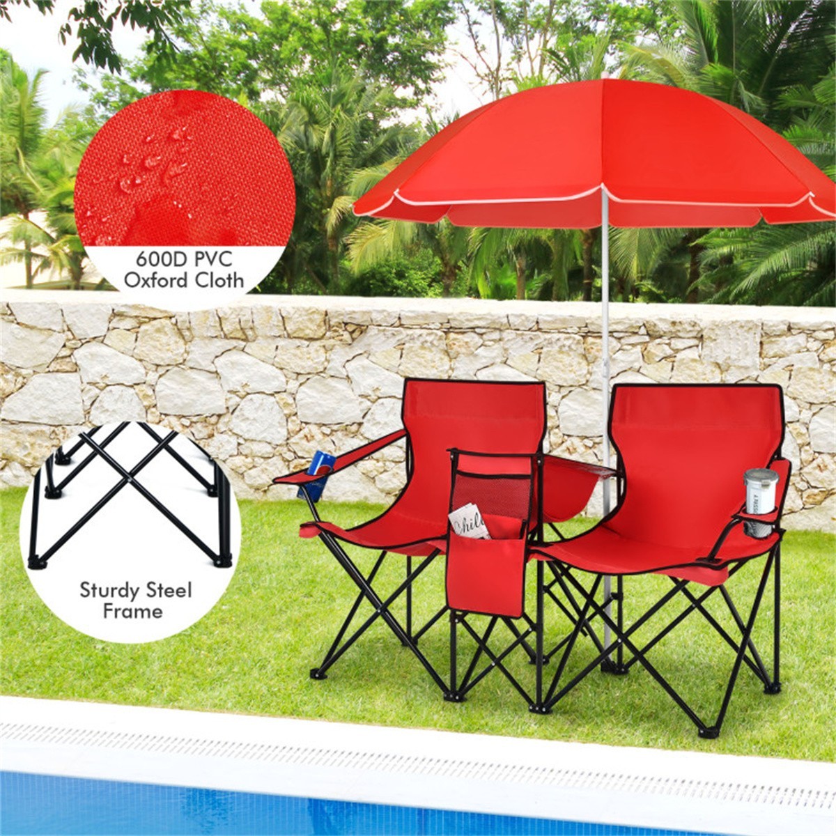 ❄️FREE SHIPPING!❄️2 Foldable Outdoor Chairs & Umbrellas 4 Camping or Tailgating!
