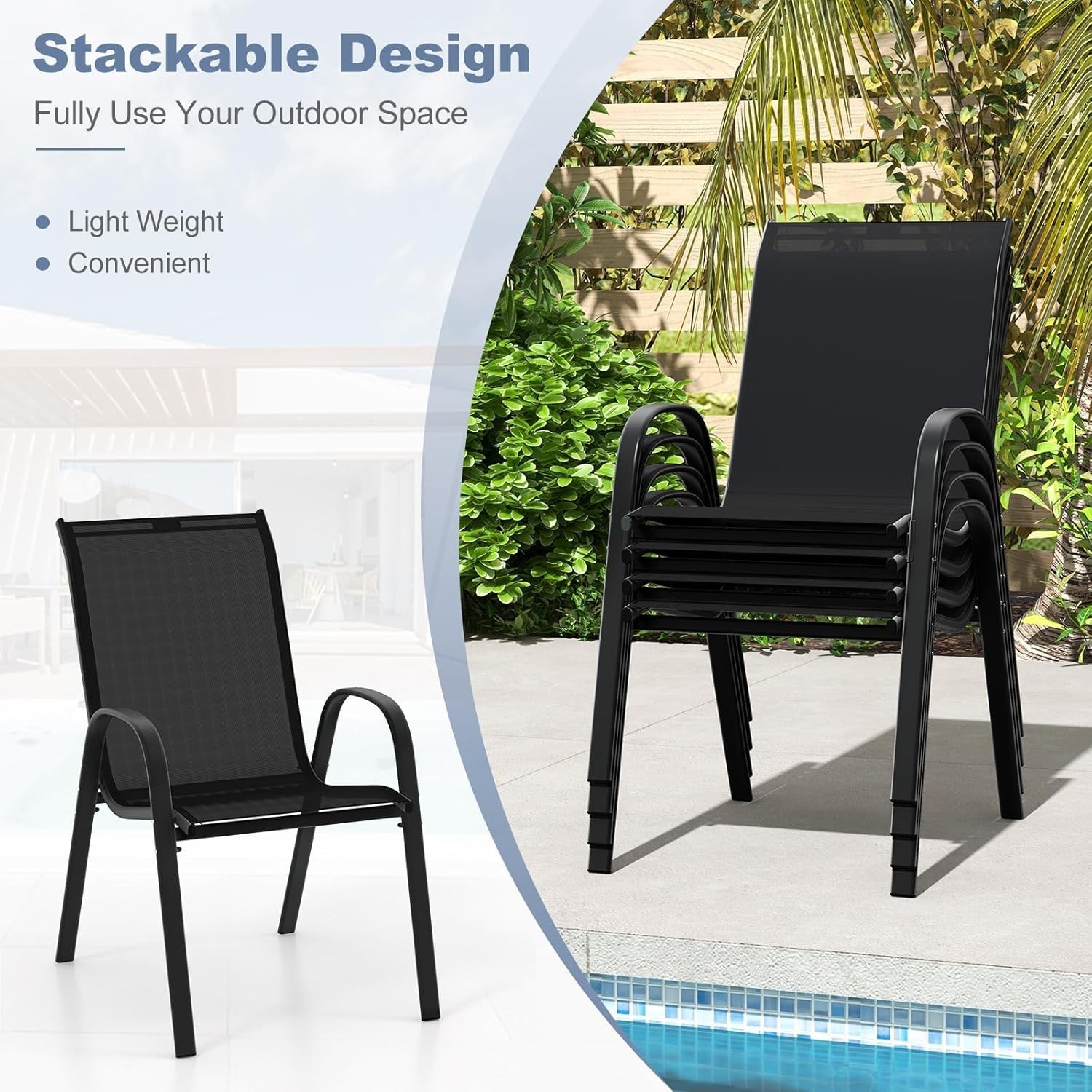 Comfortable and Lightweight Stackable Outdoor Dining Chairs – Set of 4 in Black
