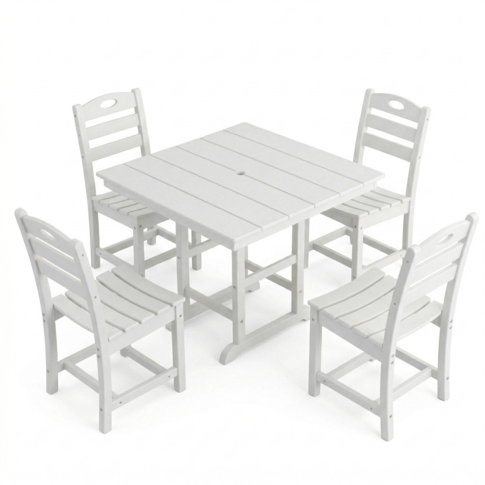 White HDPE 5-Piece Outdoor Dining Set Square Table 4 Chairs