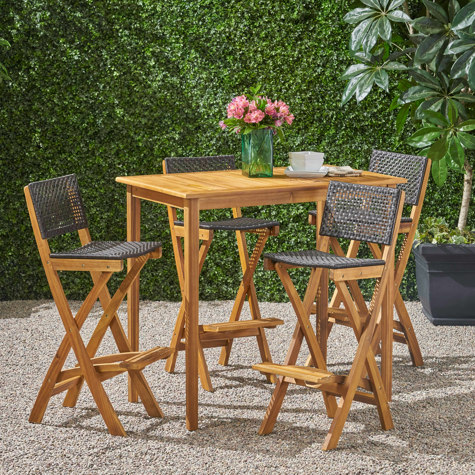 Elizabeth Outdoor 45″ Rectangular 5 Piece Wood and Wicker Bar Height Set