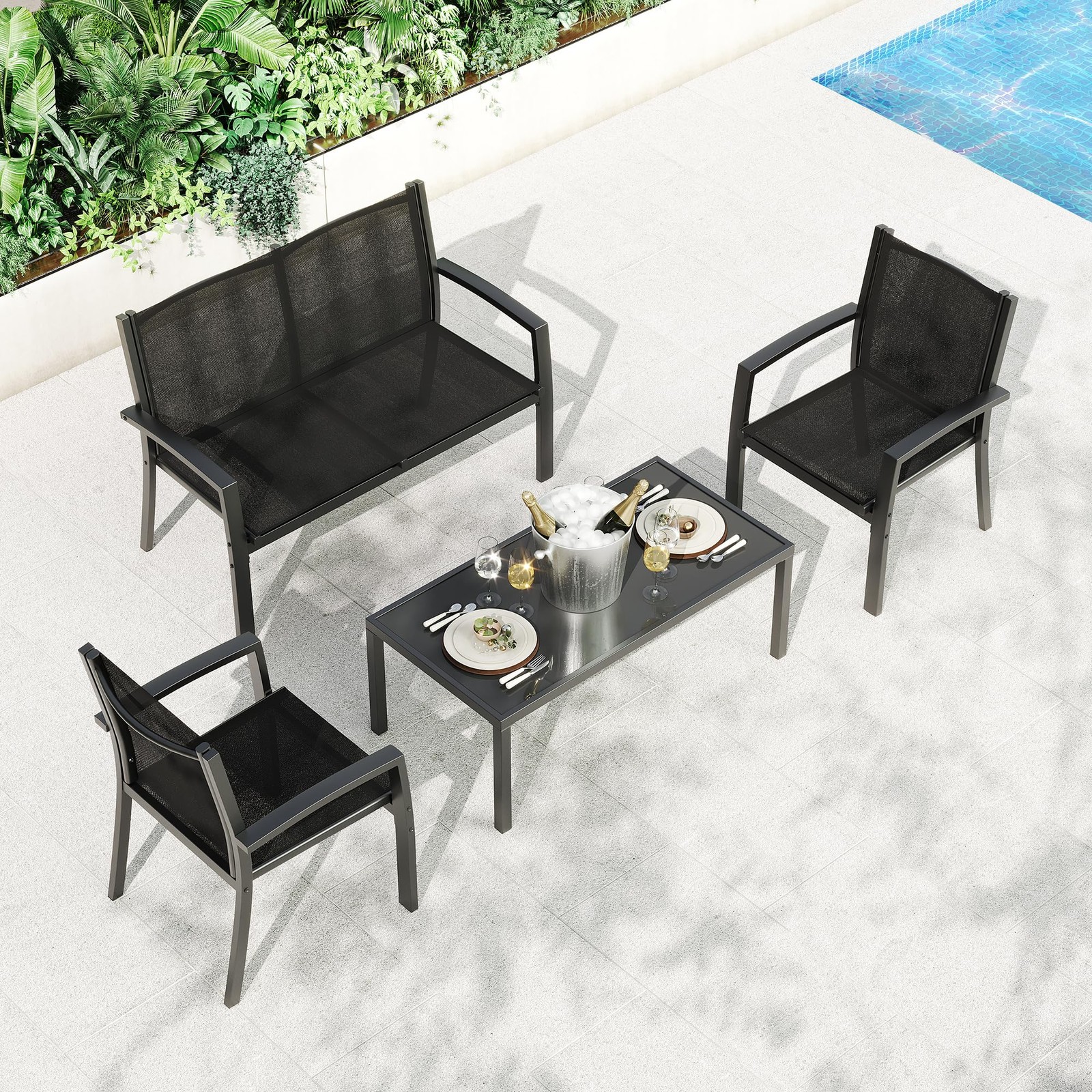 Patio Furniture Set 4 Pieces Outdoor Conversation Loveseat Chairs Coffee Table