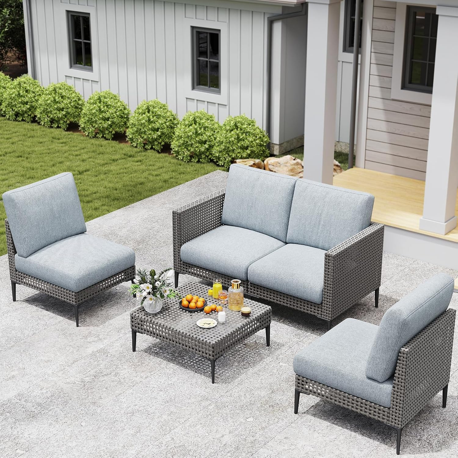 Weatherproof Rattan Patio Sofa Set – 4 Seats, Glass Table & Armless Chairs