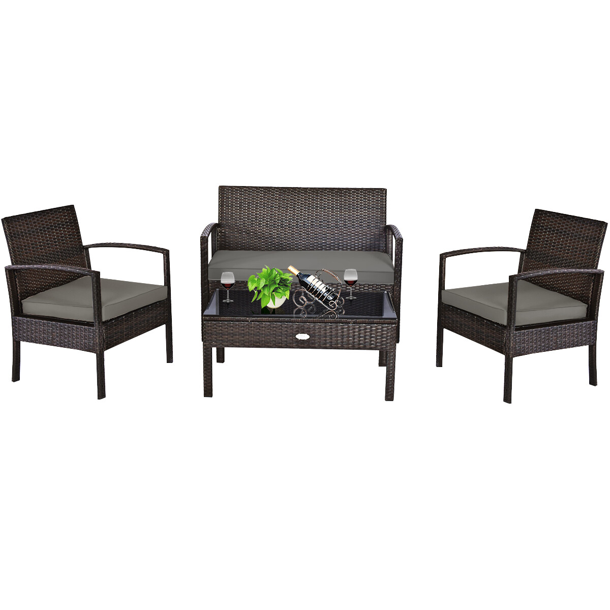 4PCS Outdoor Patio Rattan Furniture Set Cushioned Sofa Coffee Table Garden Deck