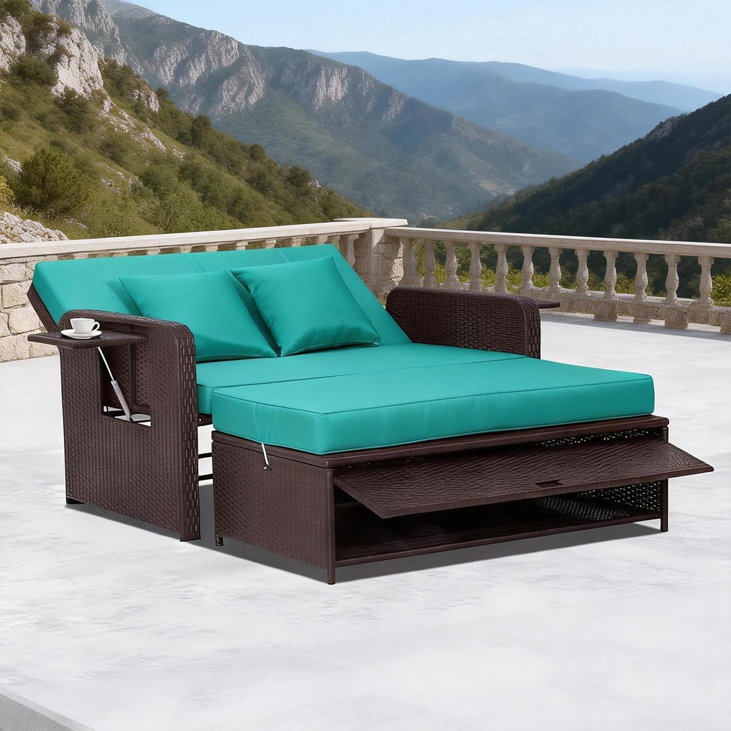 Blue 5-Piece Outdoor Wicker Daybed Cushion Cover Set for Loveseat Sofa