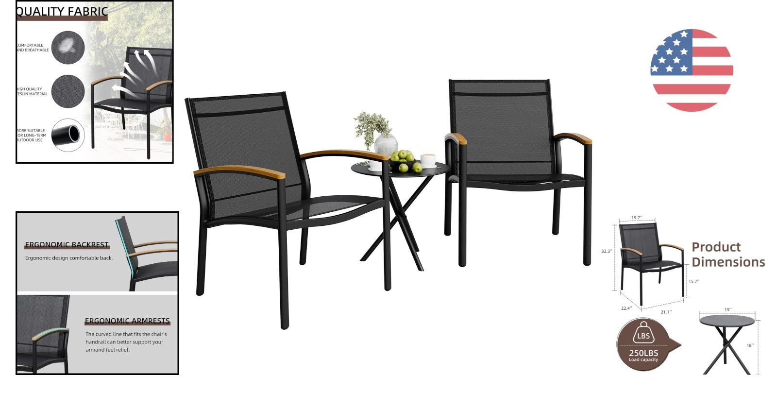 Modern 3-Piece Patio Bistro Set with Textilene Chairs – Easy Assembly & Comfort