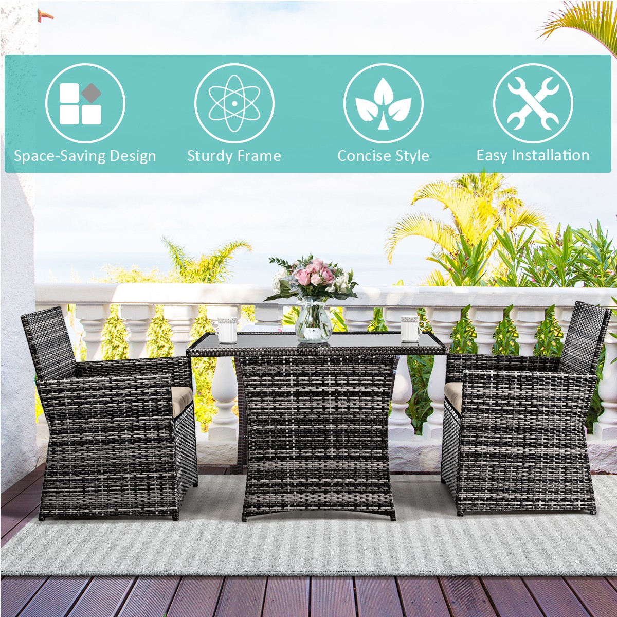 3PCS Outdoor Patio Rattan Wicker Furniture Set Armrest Sofa Cushion Mix Gray