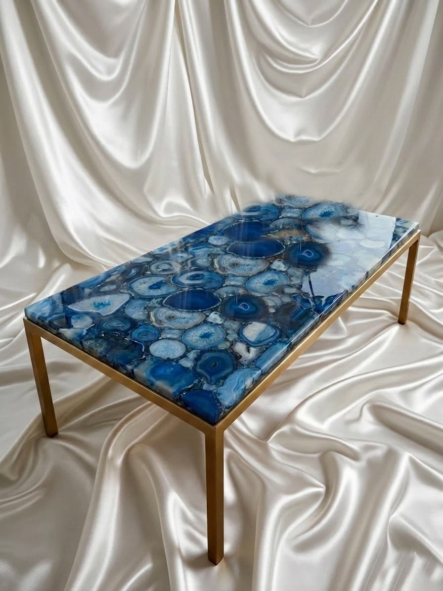 Blue Agate Console Table, Luxury Semi Precious Stone Console, Handmade Agate Top