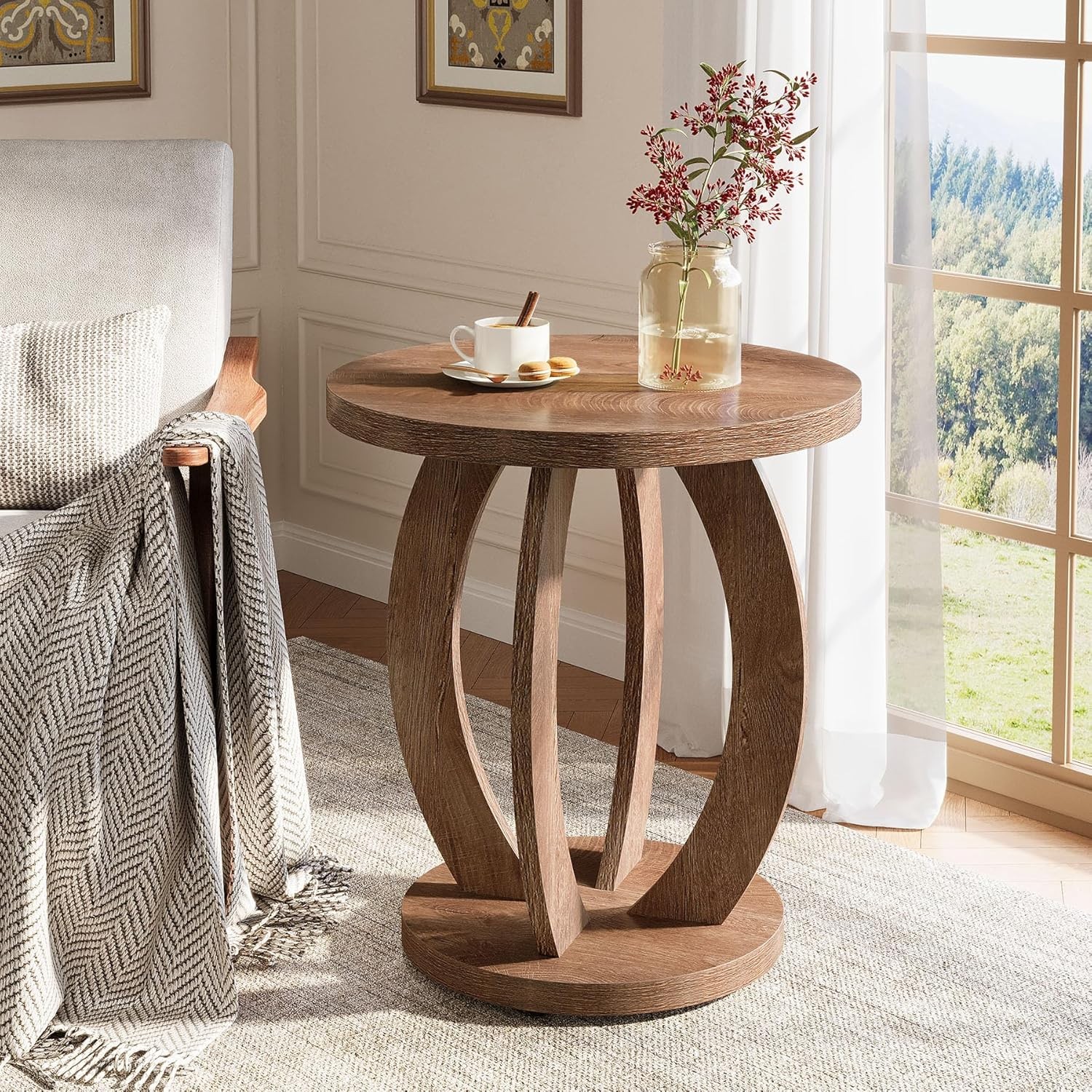 End Table, Round Side Table with Stora, Farmhouse Nightstand