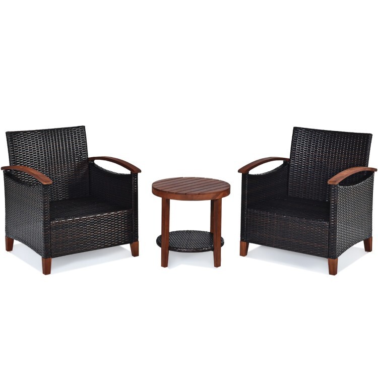 3PCS Patio Outdoor Garden Furniture Rattan Sofa Set With 2-Tier Coffee Table